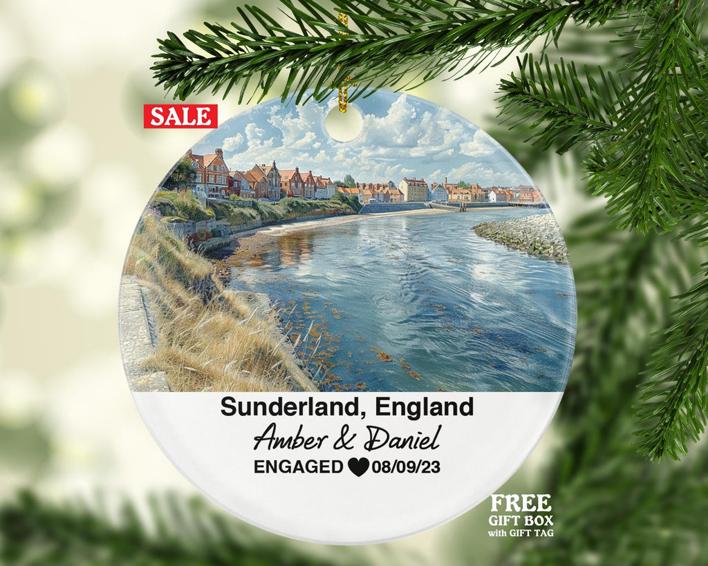 Sunderland England Round Ceramic Christmas Ornament – Personalized United Kingdom Keepsake, Custom Couple Gift for Wedding or Honeymoon