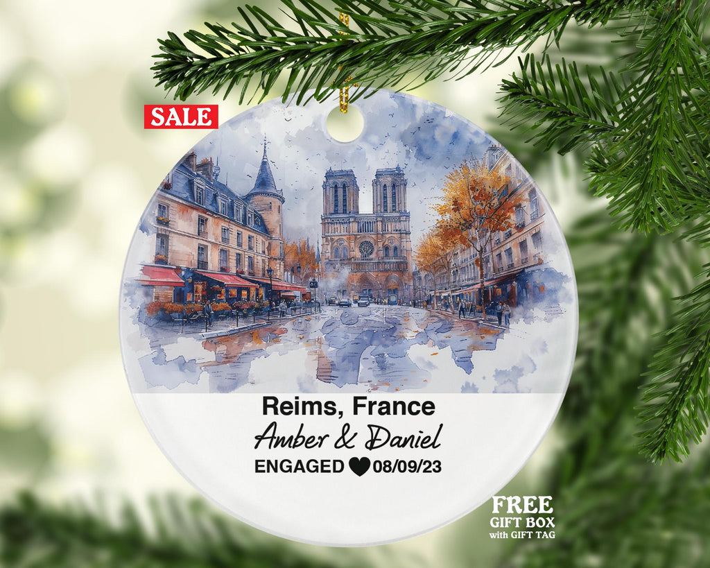 Personalized Reims France Christmas Ornament, Notre-Dame Cathedral, Mr & Mrs Wedding, Engagement, or Honeymoon Keepsake for Couples