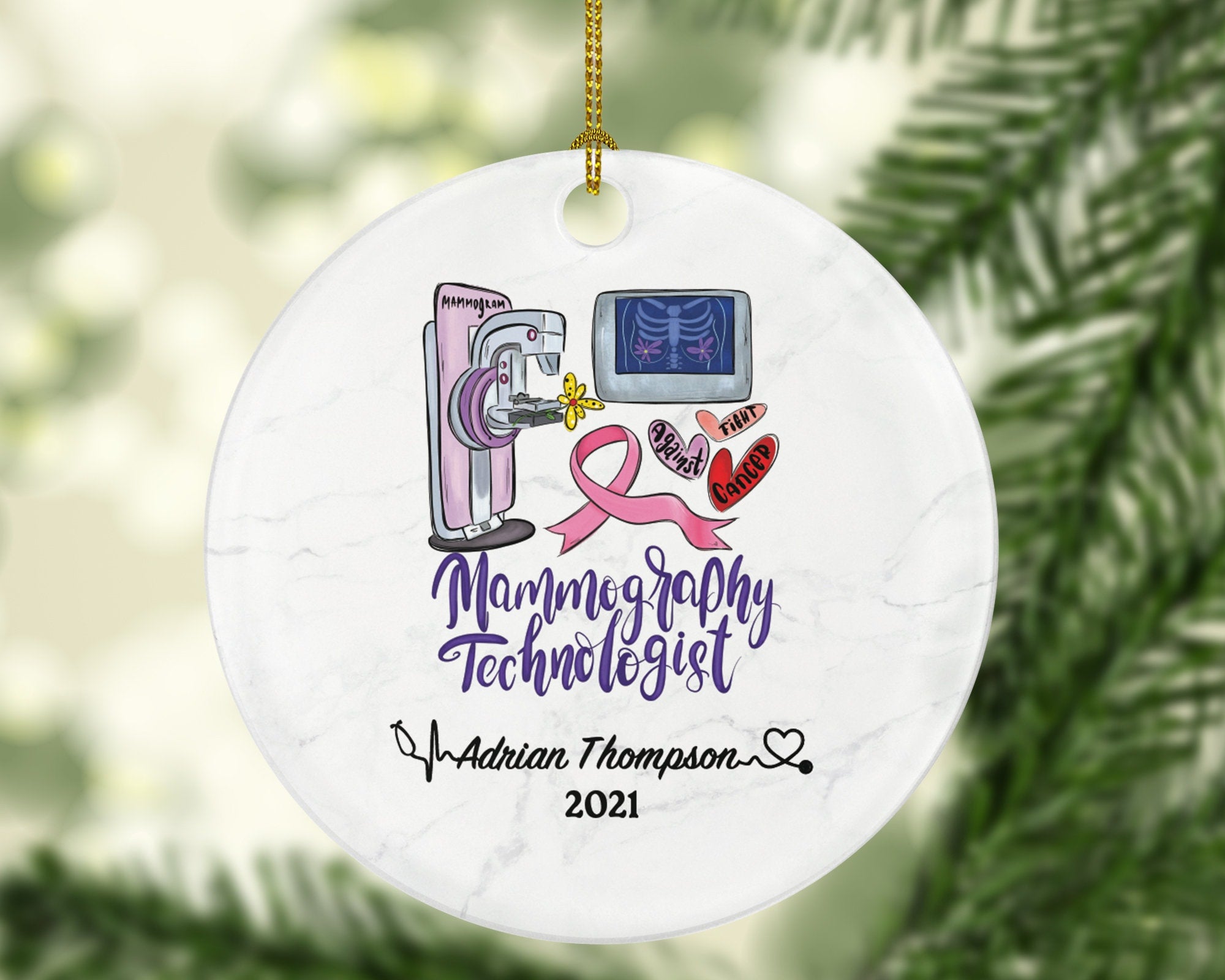 Mammography tech Christmas Ornament Personalized - Radiology Breast Cancer Awareness  Medical Scan Health Worker Mammo Gift
