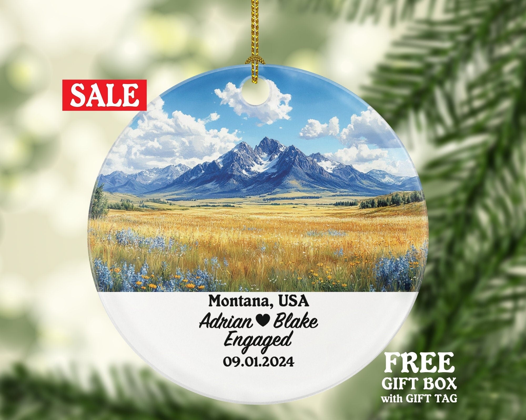 Montana Christmas Ornament Personalized - MT Engaged Married Family Together Couple Travel Honeymoon Engagement Marriage
