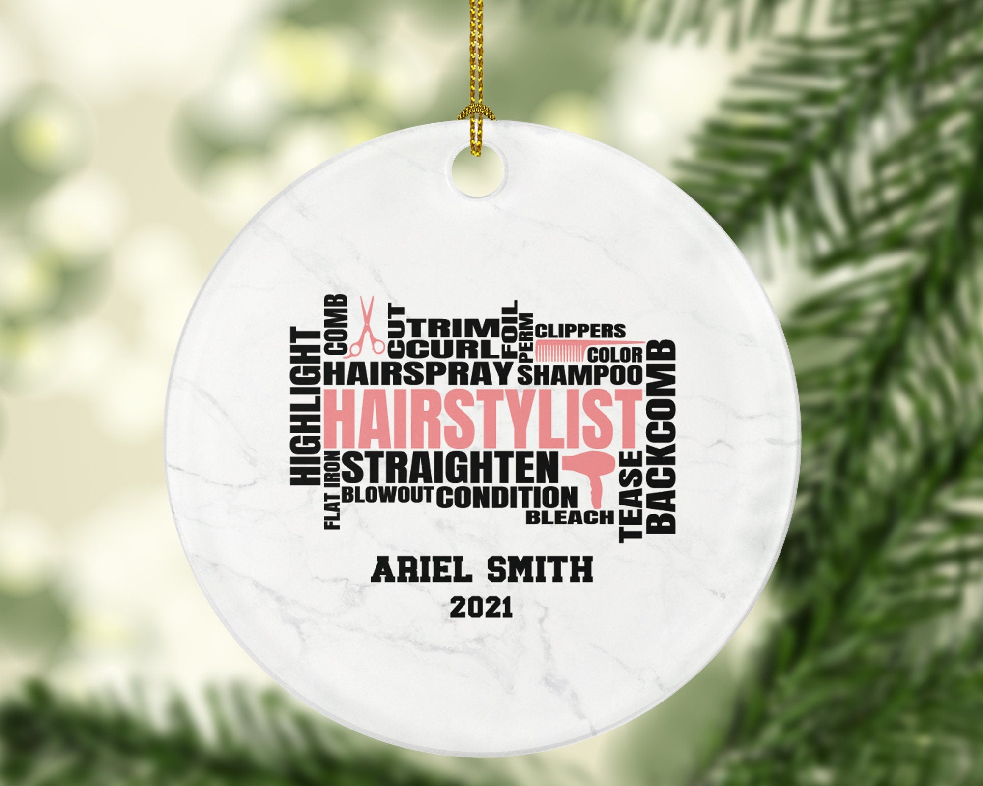 Hair Stylist Christmas Ornament Personalized - Hair Dresser Gift Getting a Hair Cut - Custom Name Year
