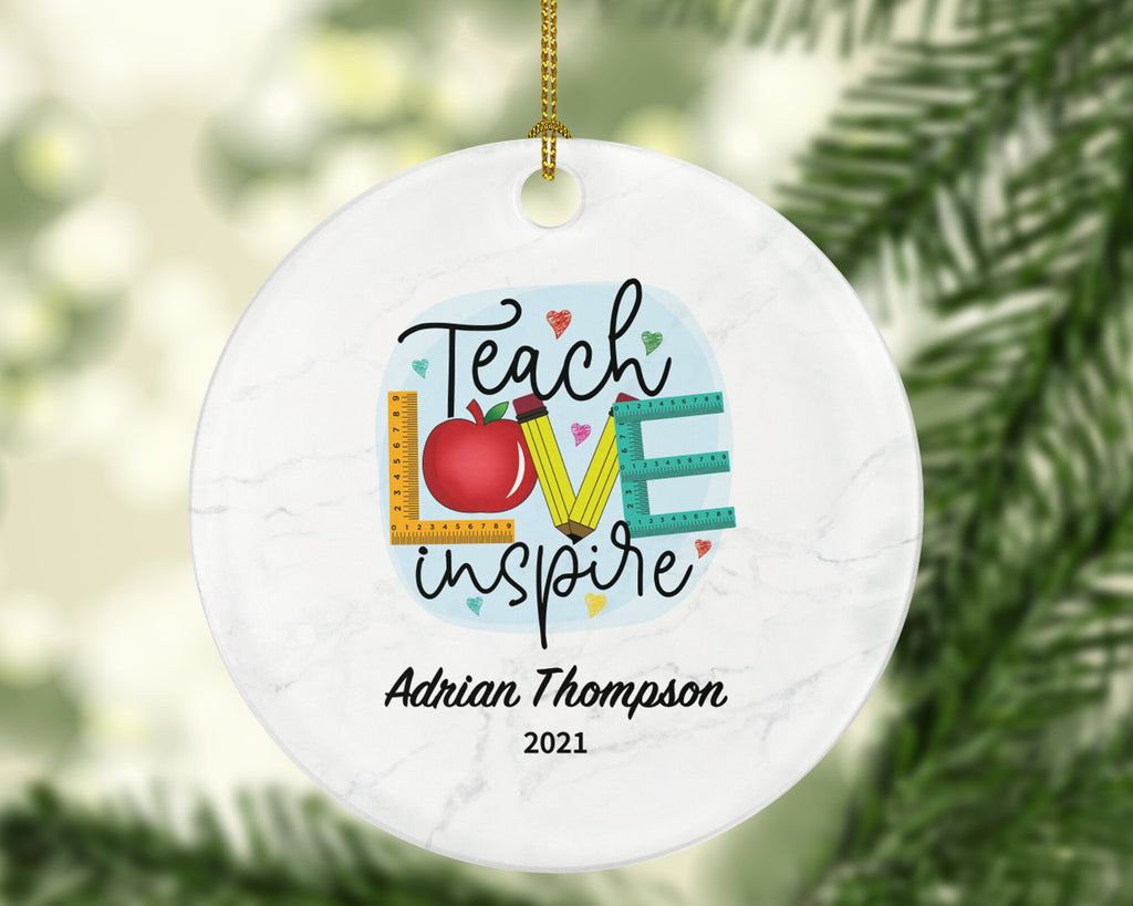 Teacher Ornament Personalized - Teach Love Inspire Teacher Custom Gift Apple from Student Appreciation Mr Mrs School Graduate Graduation