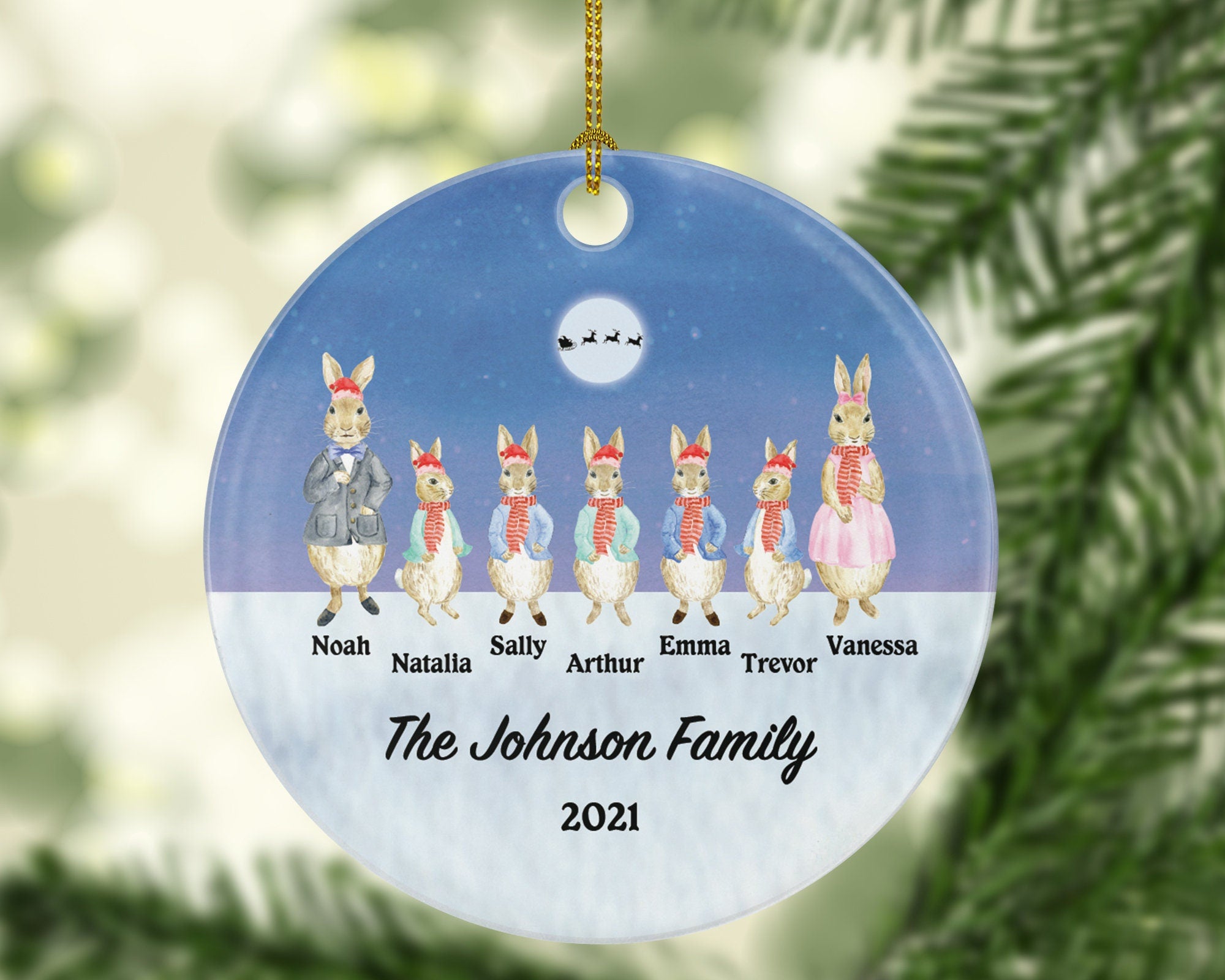 Family of 3 4 5 6 7 Personalized Christmas Ornament - Three Four Five Six Seven Custom Rabbit Mom Dad Kids Children Gift