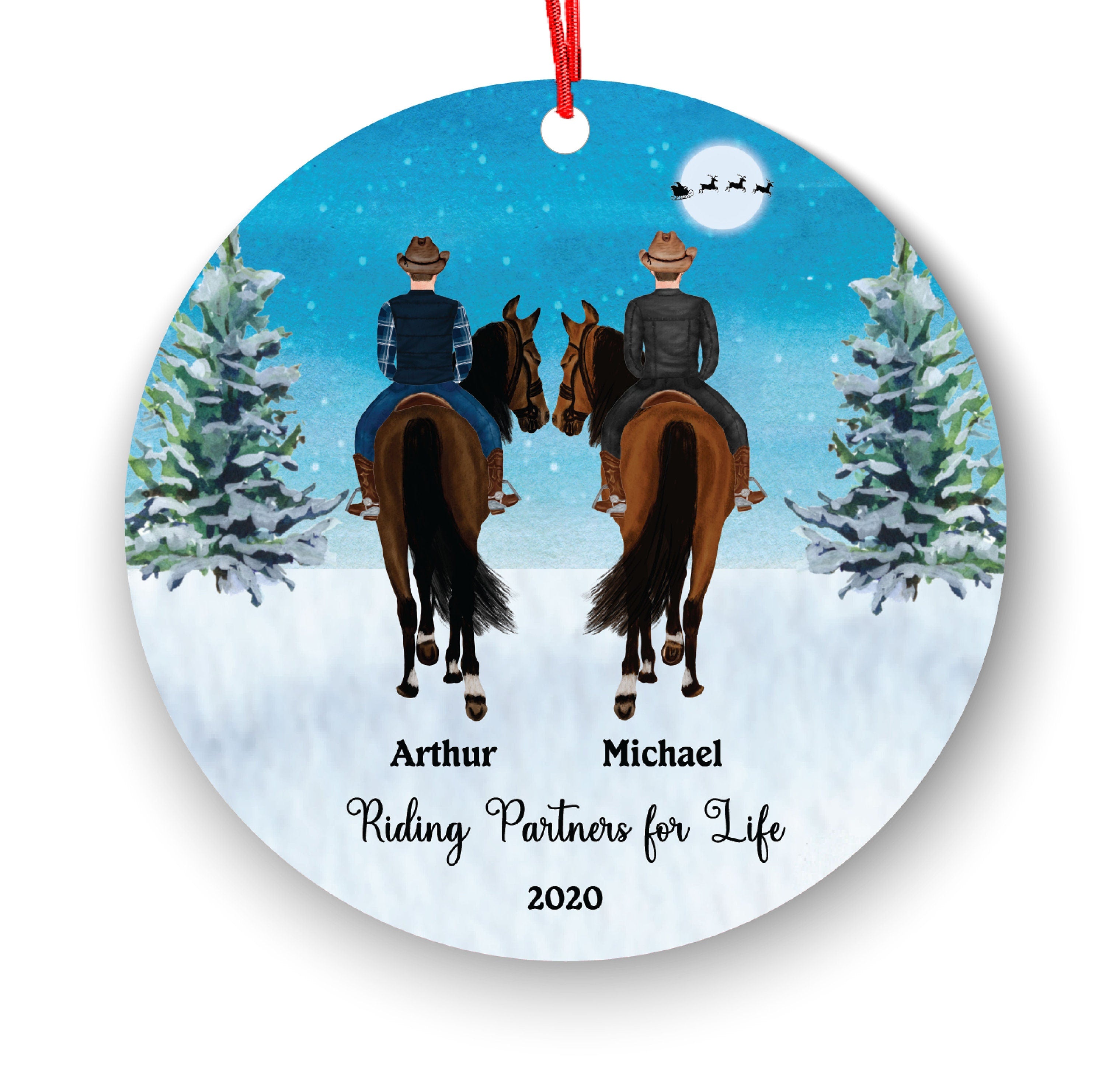Personalized Male Boy Friends Riding Horse Rider Christmas Ornament Partners a horse Gift on the Horse Watercolor Portrait Buddies Brothers