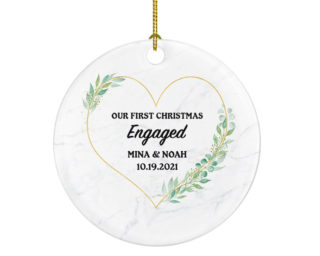 First Christmas Engaged Personalized Ornament - Engagement Announcement Couple Gift - Greenery Heart