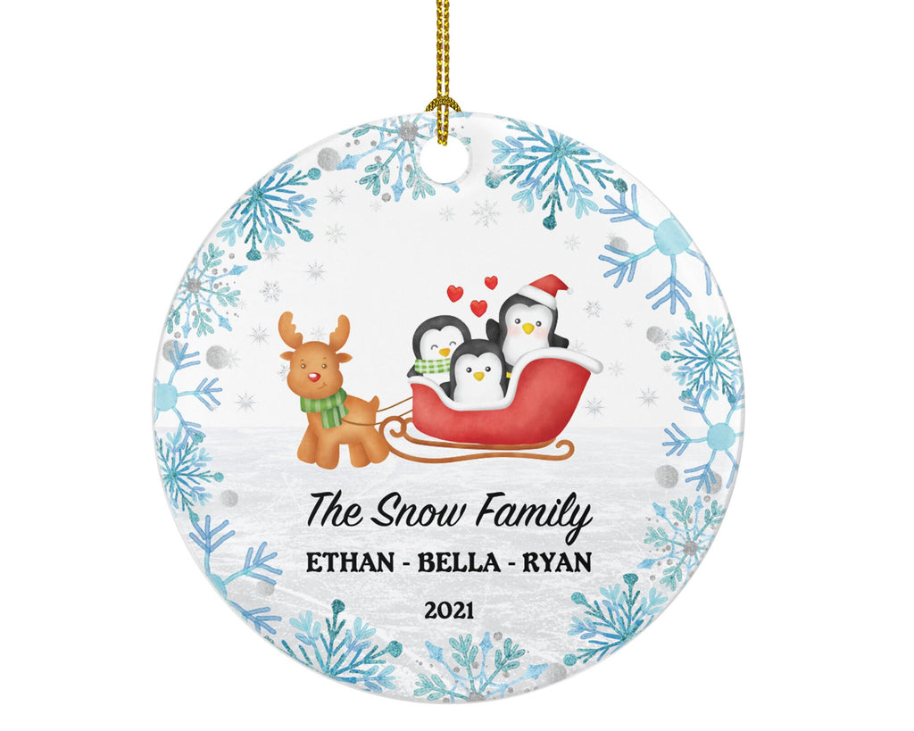 Family of 3 Christmas Ornament Personalized - Parents Mother Father Child Girl Boy Mom Dad Gift - Penguin Arctic Family in The Sleigh on Ice
