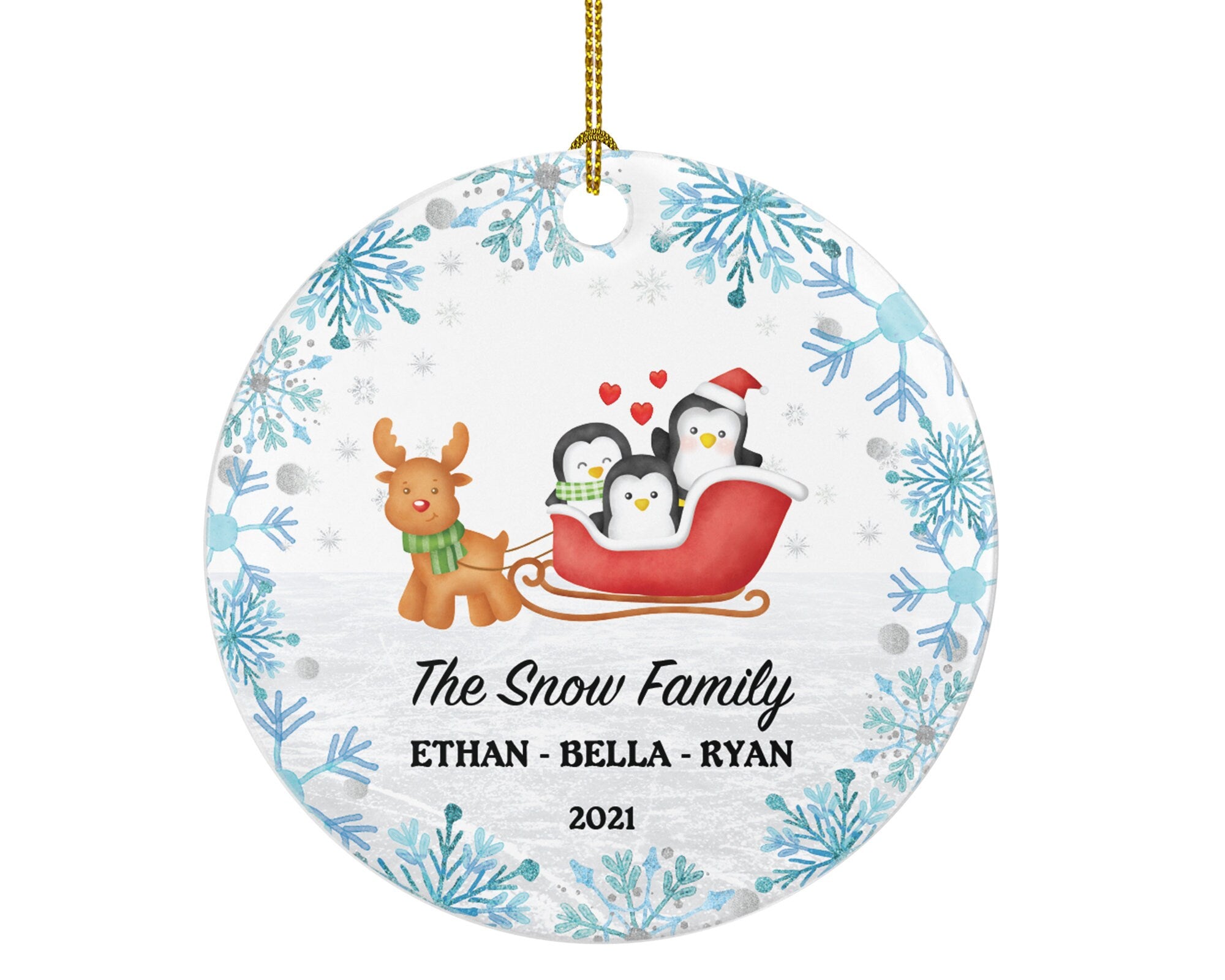 Family of 3 Christmas Ornament Personalized - Parents Mother Father Child Girl Boy Mom Dad Gift - Penguin Arctic Family in The Sleigh on Ice