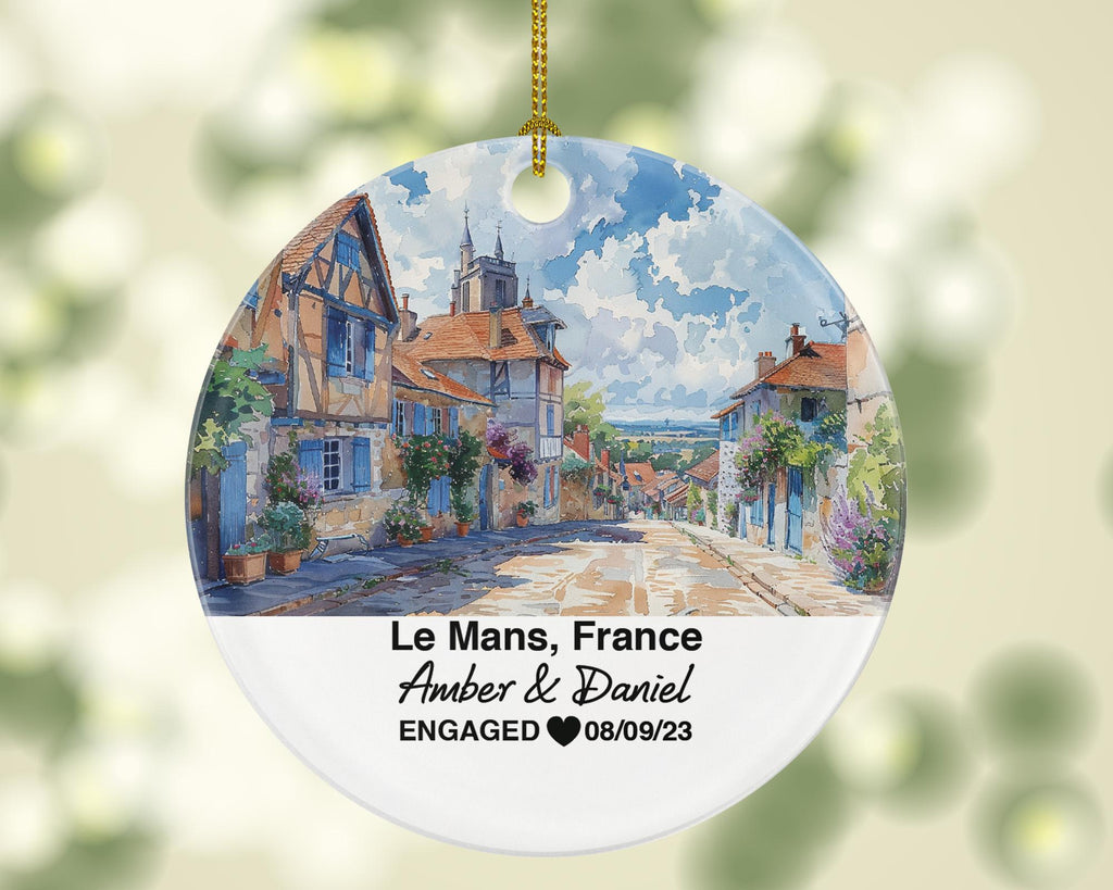 Personalized Le Mans France Christmas Ornament, Racing, Medieval Old Town, Mr & Mrs Wedding, Engagement, or Honeymoon Keepsake for Couples