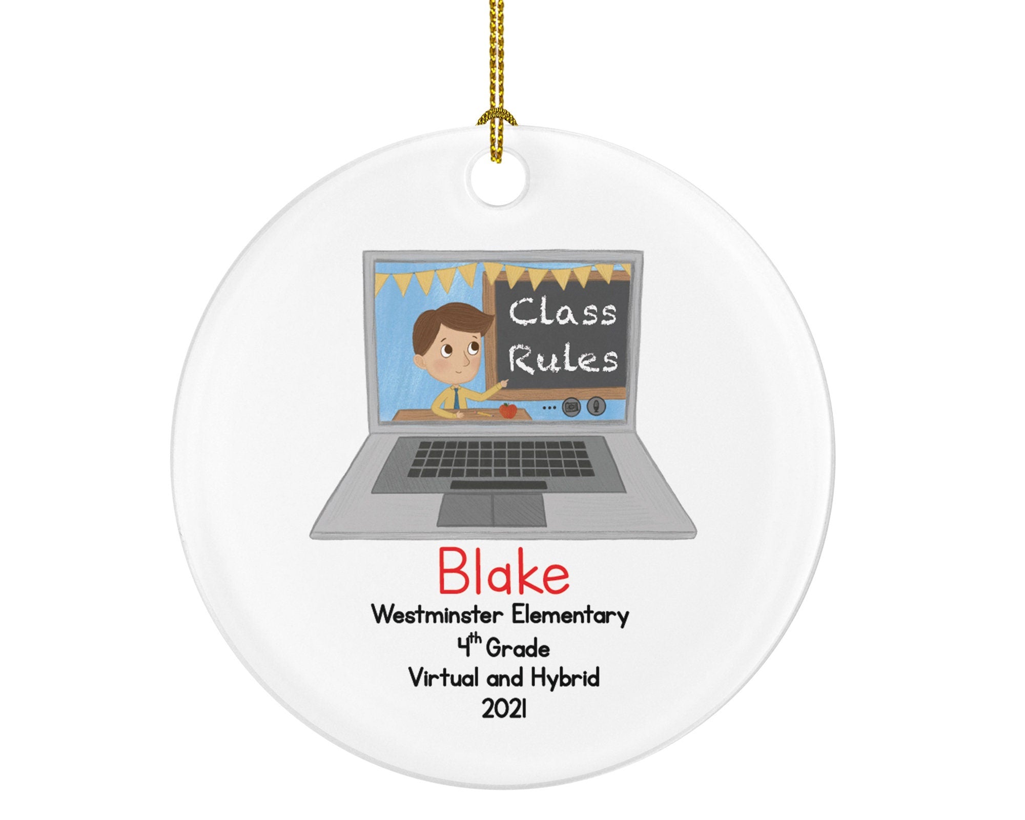 Distance Learning Virtual Class School Personalized Christmas Ornament - Survivor Pandemic Coronavirus Laptop Computer At Home