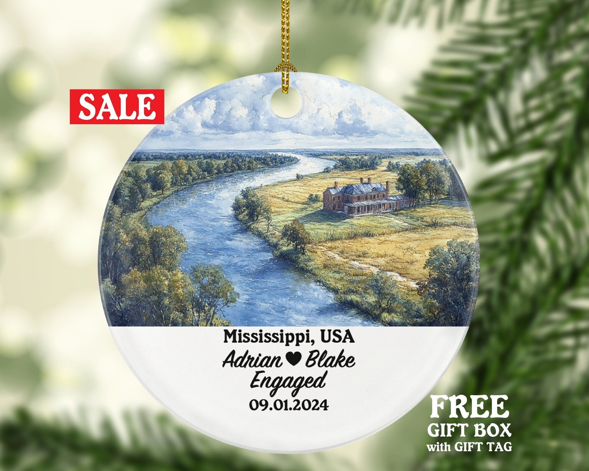 Mississippi Christmas Ornament Personalized - MS Engaged Married Family Together Couple Travel Honeymoon Engagement Marriage