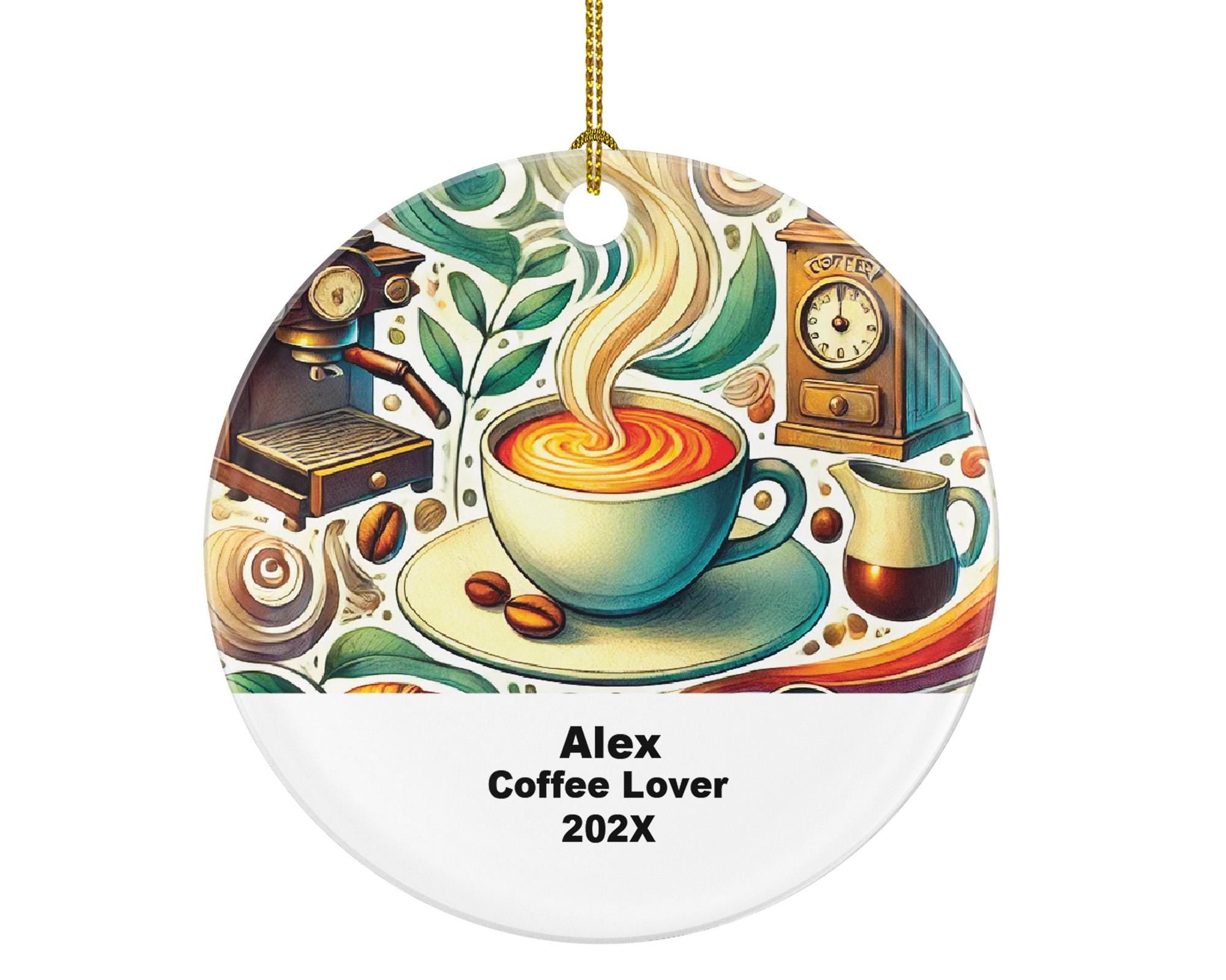 Personalized Coffee Lover Ornament – Custom Barista Gift – Coffee Shop Ornament with Name and Year