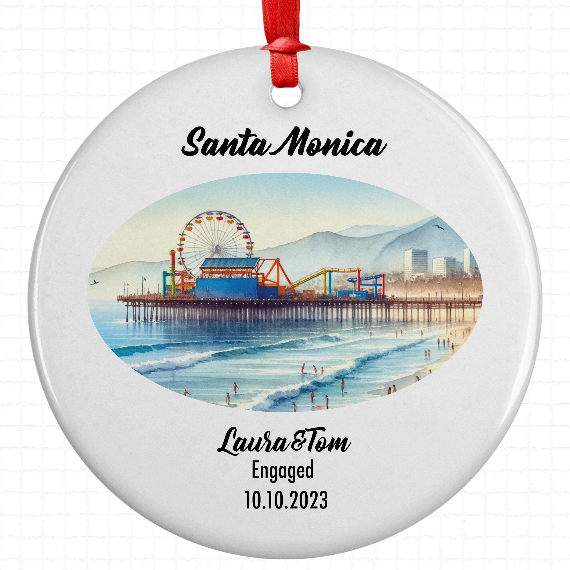 Santa Monica Ornament, Engagement, Married, Travel, Gift for Engaged Couple, Engagement Gift, Trip, Vacation Souvenir