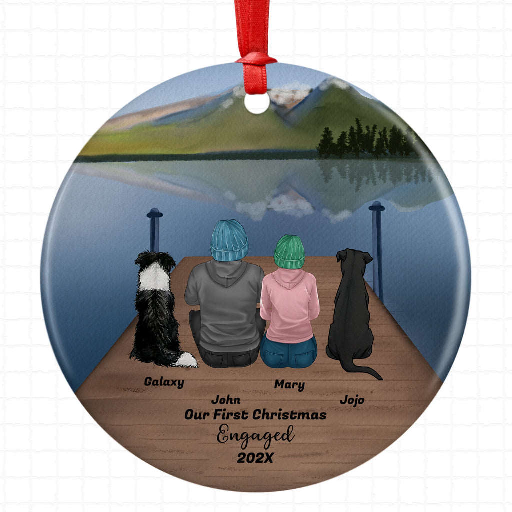 Personalized Engagement Christmas Ornament with Pet Custom Ceramic Keepsake for Couples Dog Cat Owners Engagement Holiday Gift Lake Scene
