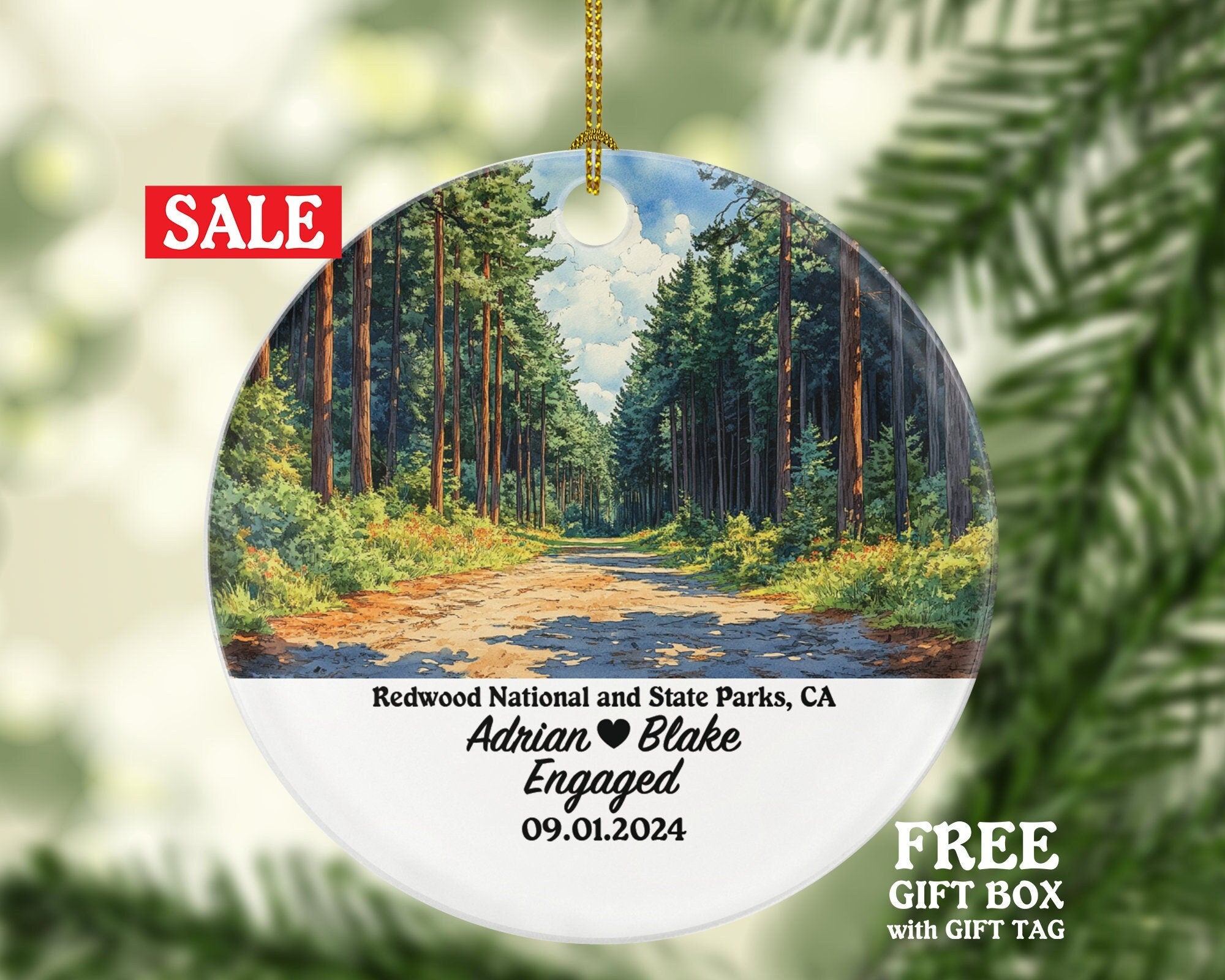 Redwood National State Parks Christmas Ornament Personalized - Engaged Married Family Together Couple Travel Honeymoon Engagement Marriage