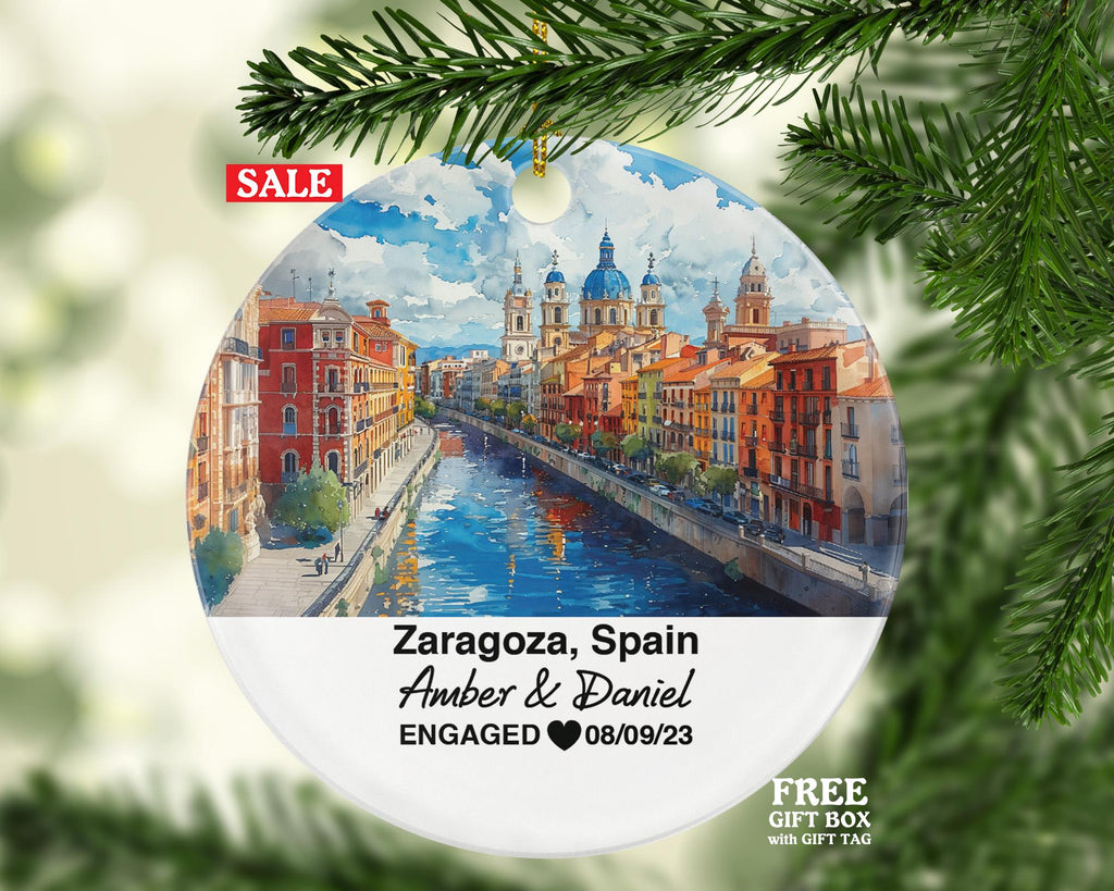 Zaragoza Spain Round Ceramic Christmas Ornament – Personalized Holiday Keepsake, Custom Couple Gift for Wedding or Honeymoon