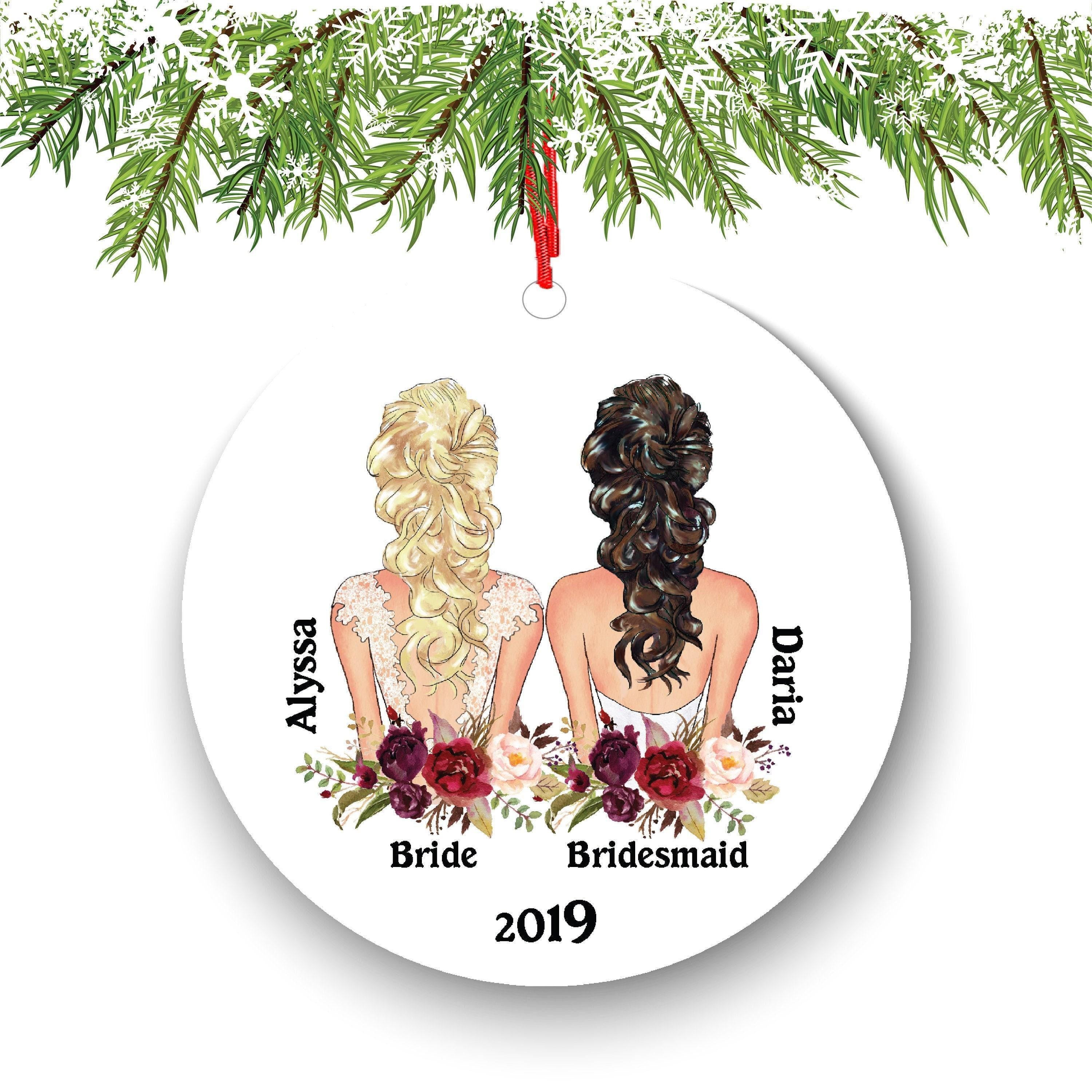 Bride and Bridesmaid Ornament: Personalized Wedding Keepsake (With Ribbon Box)