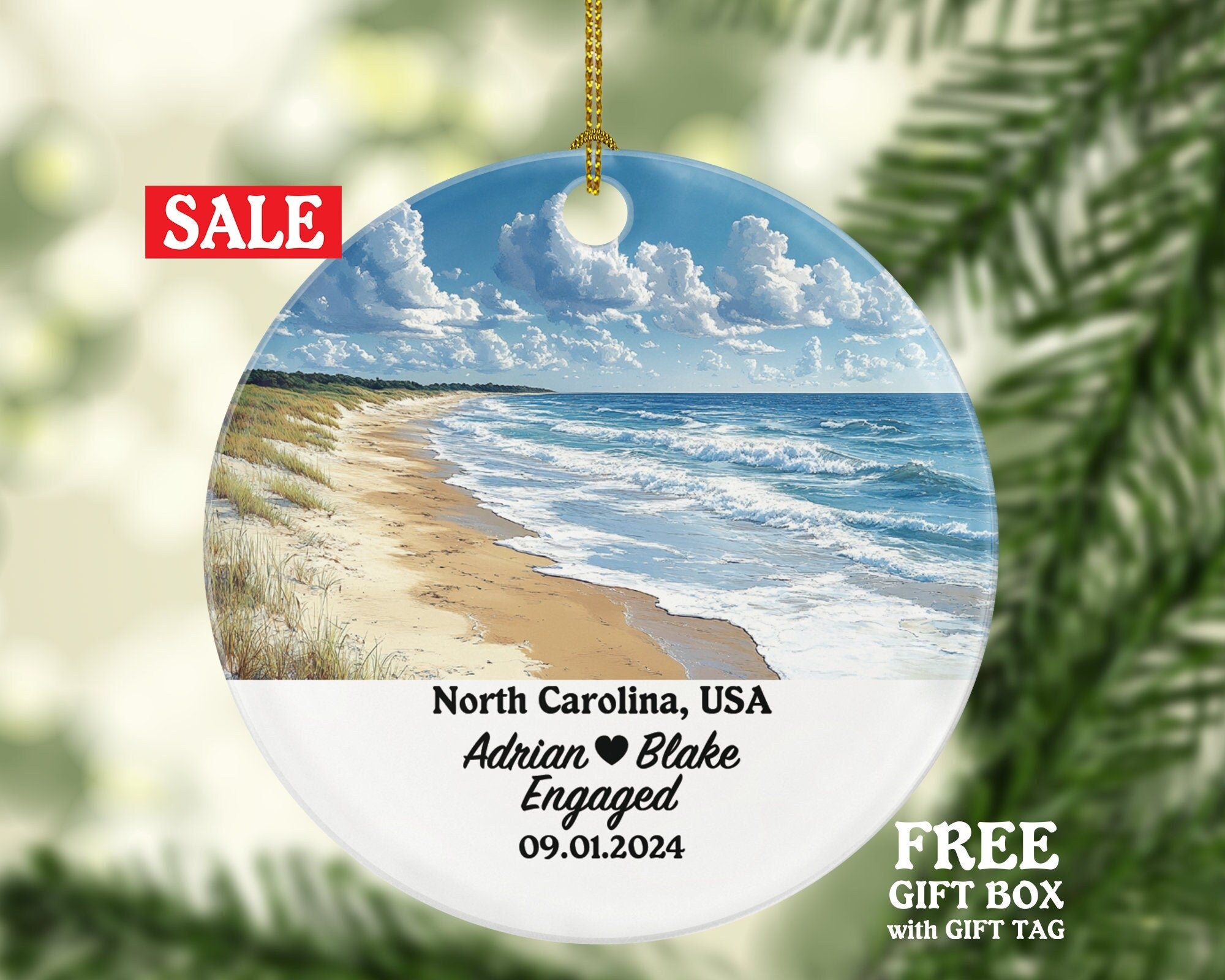 North Carolina Christmas Ornament Personalized - NC Engaged Married Family Together Couple Travel Honeymoon Engagement Marriage