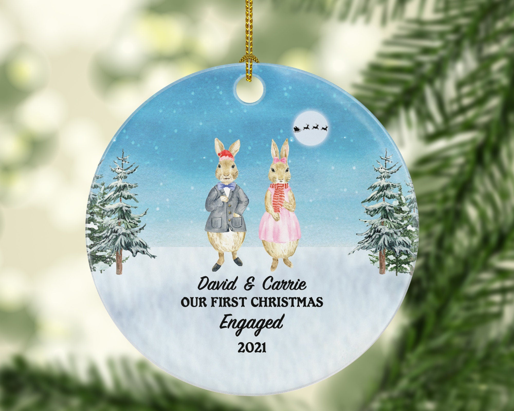 First Christmas Engaged Custom Ornament - Personalized Engagement Announcement Rabbit Couple Gift - Custom Date Name - Future Husband Wife