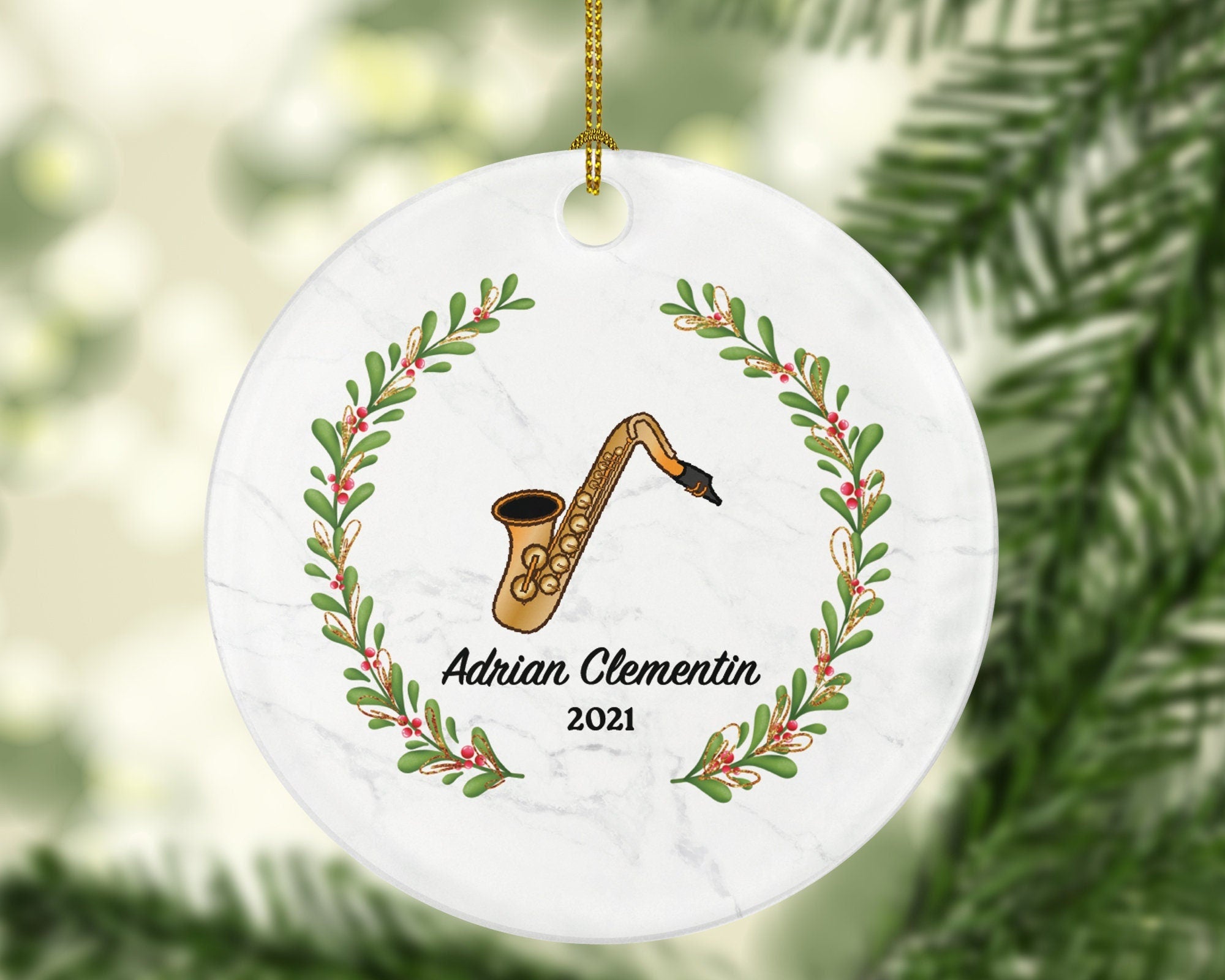 Saxophone Christmas Ornament Personalized - Saxophonist Jazz Band Musical Instrument Playing Gift for Saxophone Player - Custom Name Year