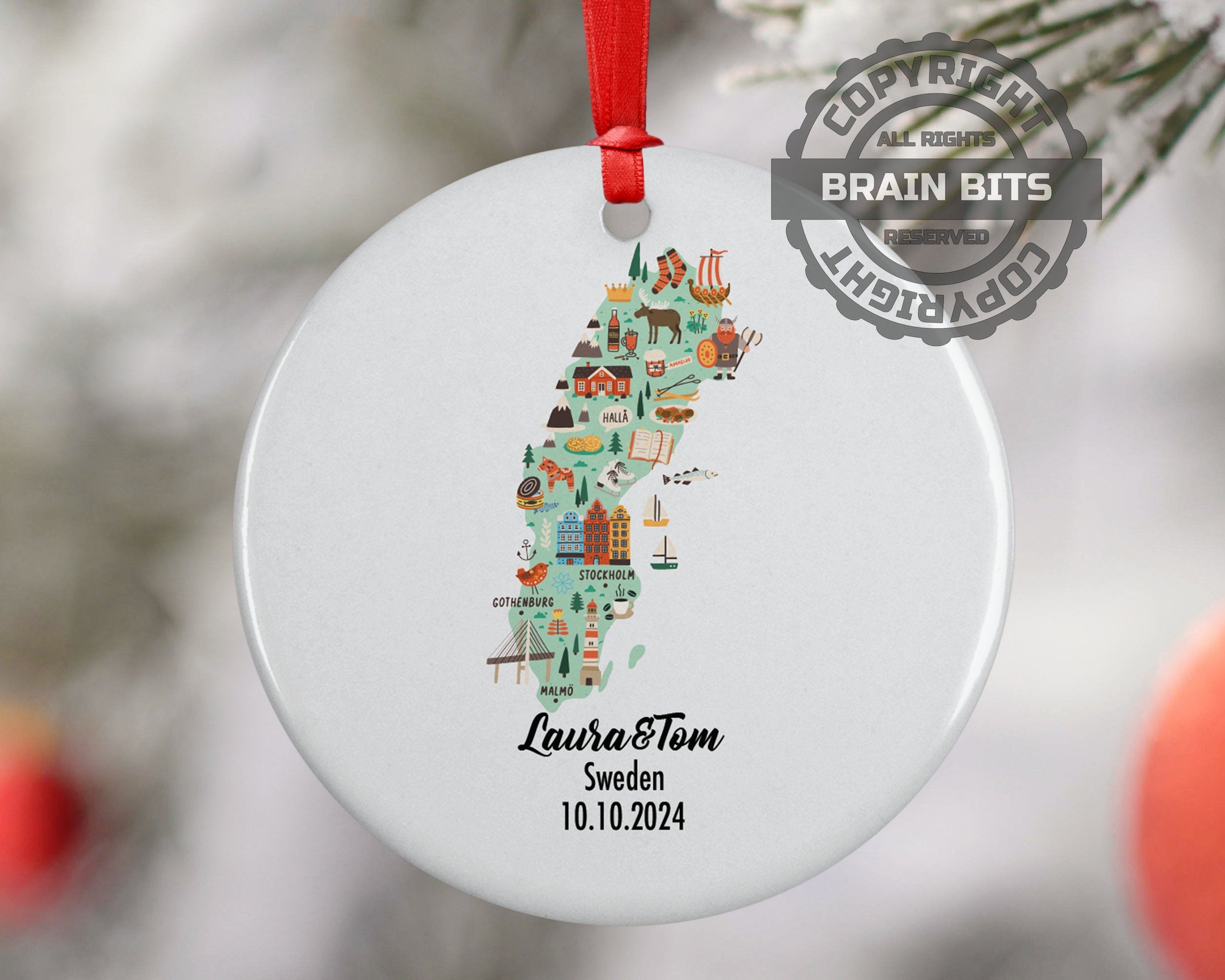 Sweden Cultural Map, Ornament, Engagement, Married, Travel, Gift for Engaged Couple, Engagement Gift, Trip, Vacation Souvenir
