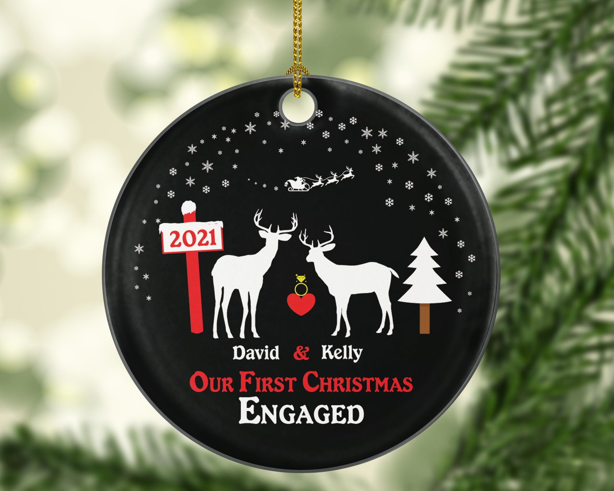 Personalized Engaged Christmas Ornament Engagement Couple Gift Our First Future Husband Wife Newly Just She Said Yes Deer Reindeer Name