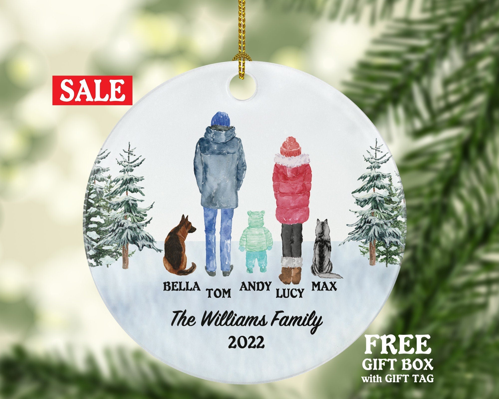 Family of 3 with Dog Cat Pet Christmas Ornament Custom Fur Boy Girl New Baby Mom Dad Gift Lover Owner Holiday Rescue Breeds