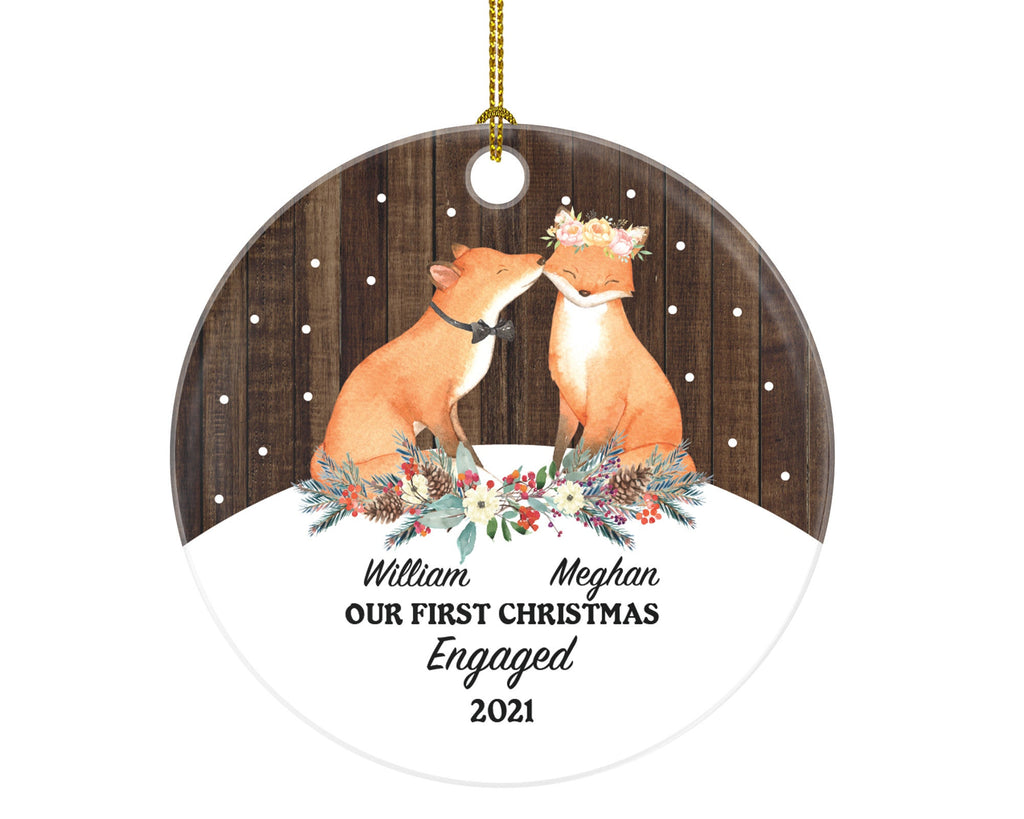 Engaged Couple Christmas Ornament - Engagement Personalized Gift Rustic Farmhouse Woodgrain Love Fox Decor Newly Just Engaged Xmas Custom
