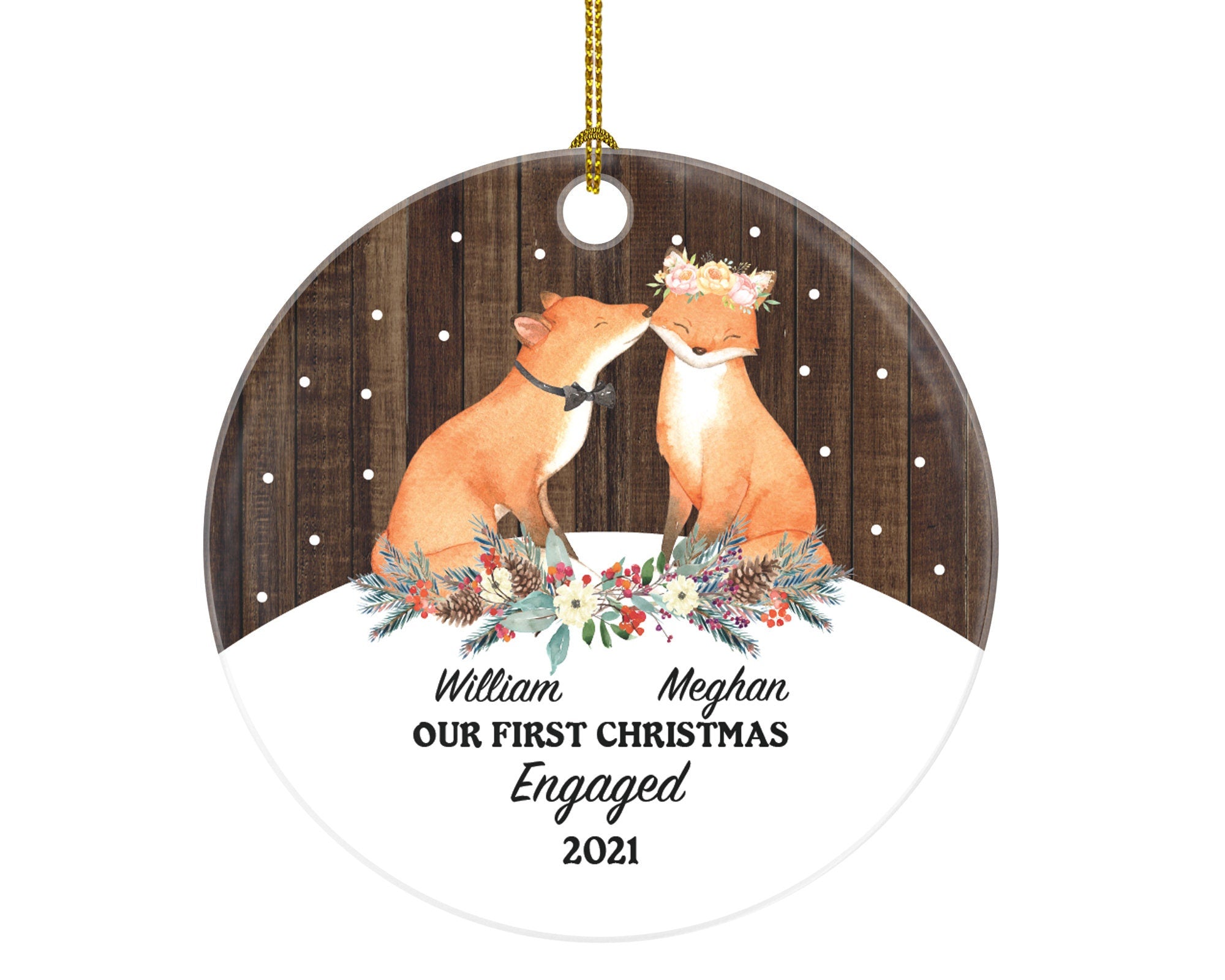 Engaged Couple Christmas Ornament - Engagement Personalized Gift Rustic Farmhouse Woodgrain Love Fox Decor Newly Just Engaged Xmas Custom