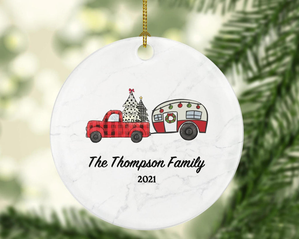 Camping Pull Trailer RV Camper Family Christmas Ornament - Personalized Vacation Red Lumberjack Truck with Recreational Gift