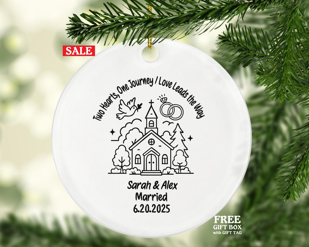 Minimalist Line Art Wedding Ornament – Personalized Married Couple Gift, Chapel Church Illustration, Custom Names & Date Keepsake