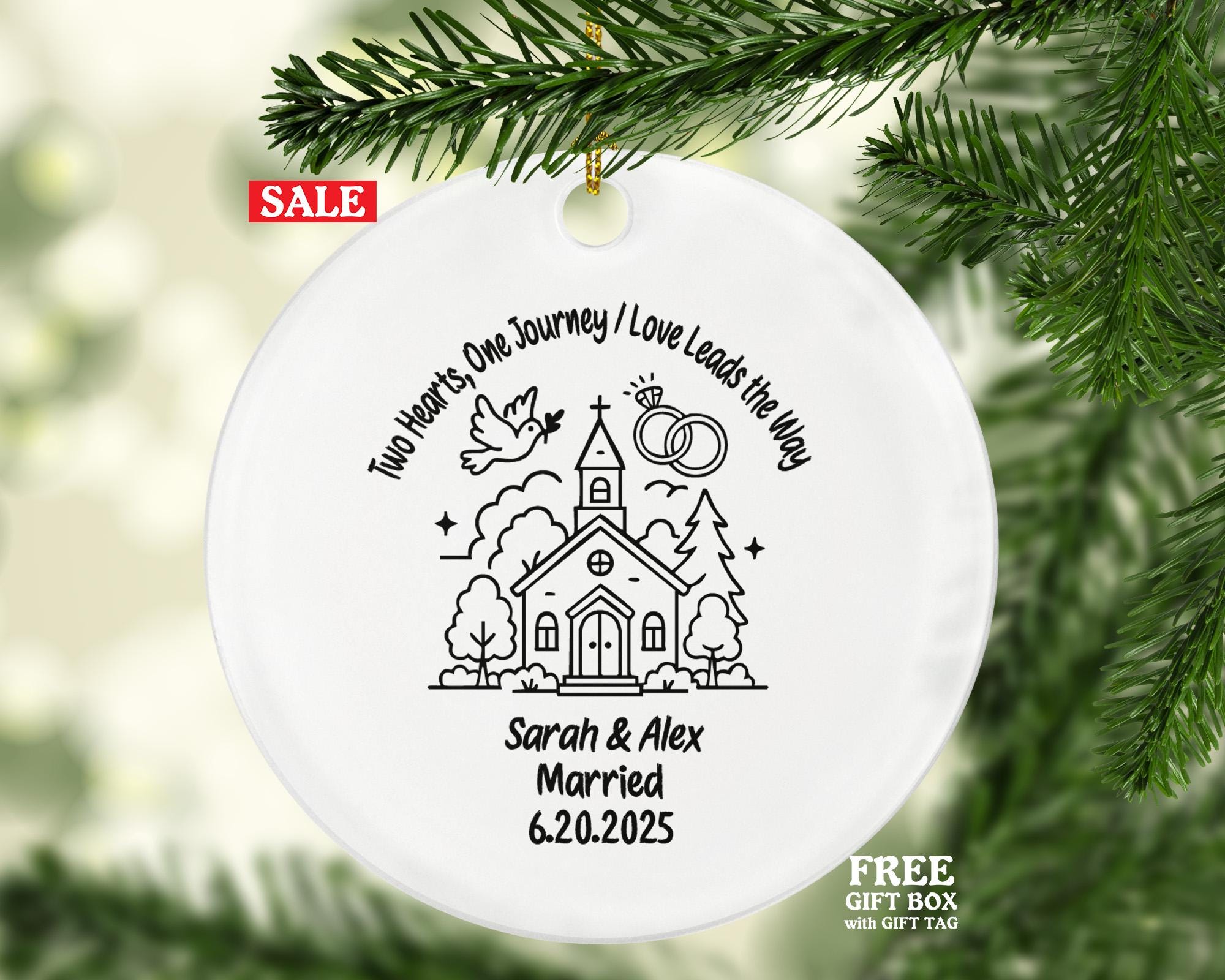 Minimalist Line Art Wedding Ornament – Personalized Married Couple Gift, Chapel Church Illustration, Custom Names & Date Keepsake