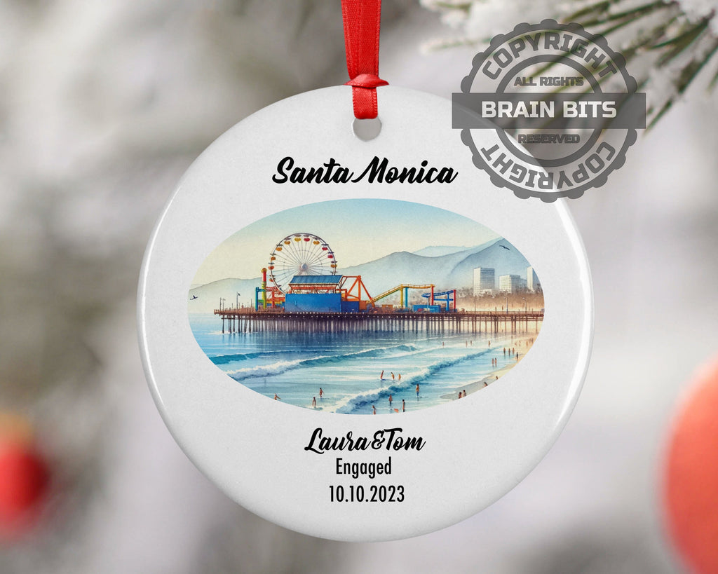 Santa Monica Ornament, Engagement, Married, Travel, Gift for Engaged Couple, Engagement Gift, Trip, Vacation Souvenir