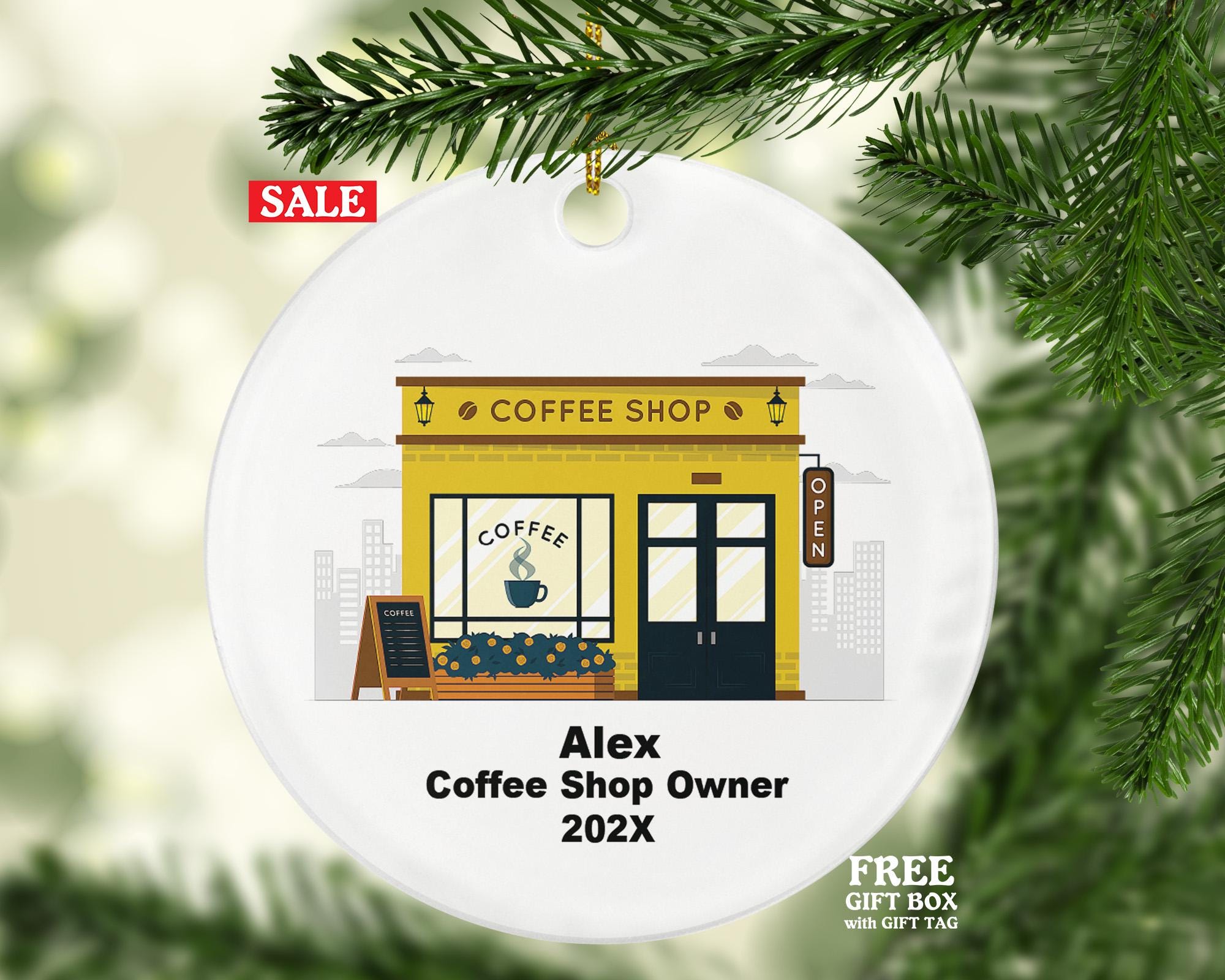 Personalized Coffee Shop Owner Ornament – Custom Café Ornament – Barista Gift for Coffee Business Owners