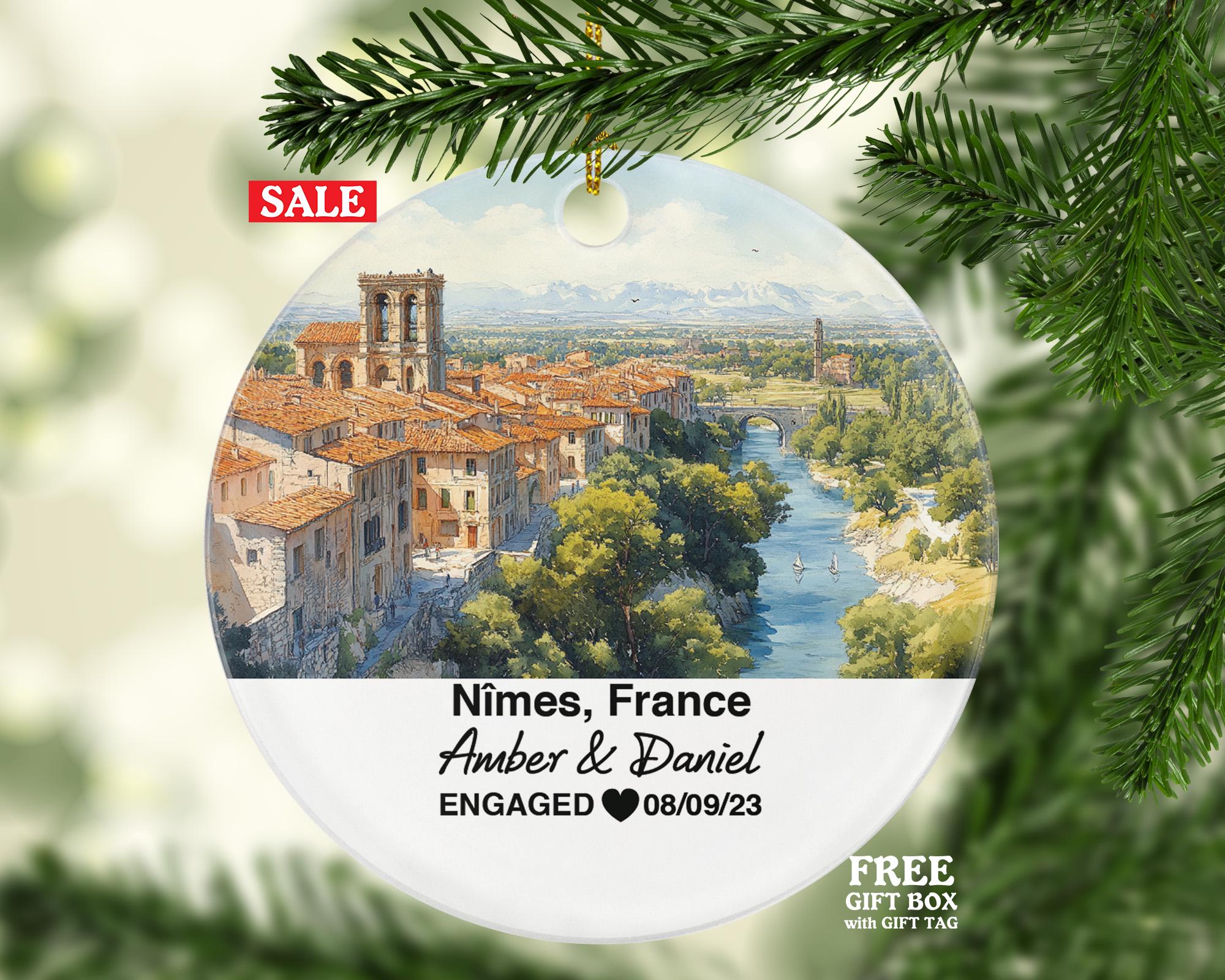 Personalized Nimes France Christmas Ornament, Arena of Nimes, Jardins de la Fontaine, Mr & Mrs Wedding, Engagement, or Honeymoon Keepsake for Couples