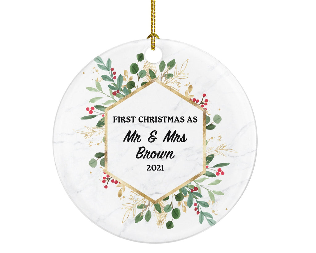 First Christmas as Mr & Mrs Married Couple Christmas Ornament Personalized - Newlywed Christmas First Custom Gift - Greenery
