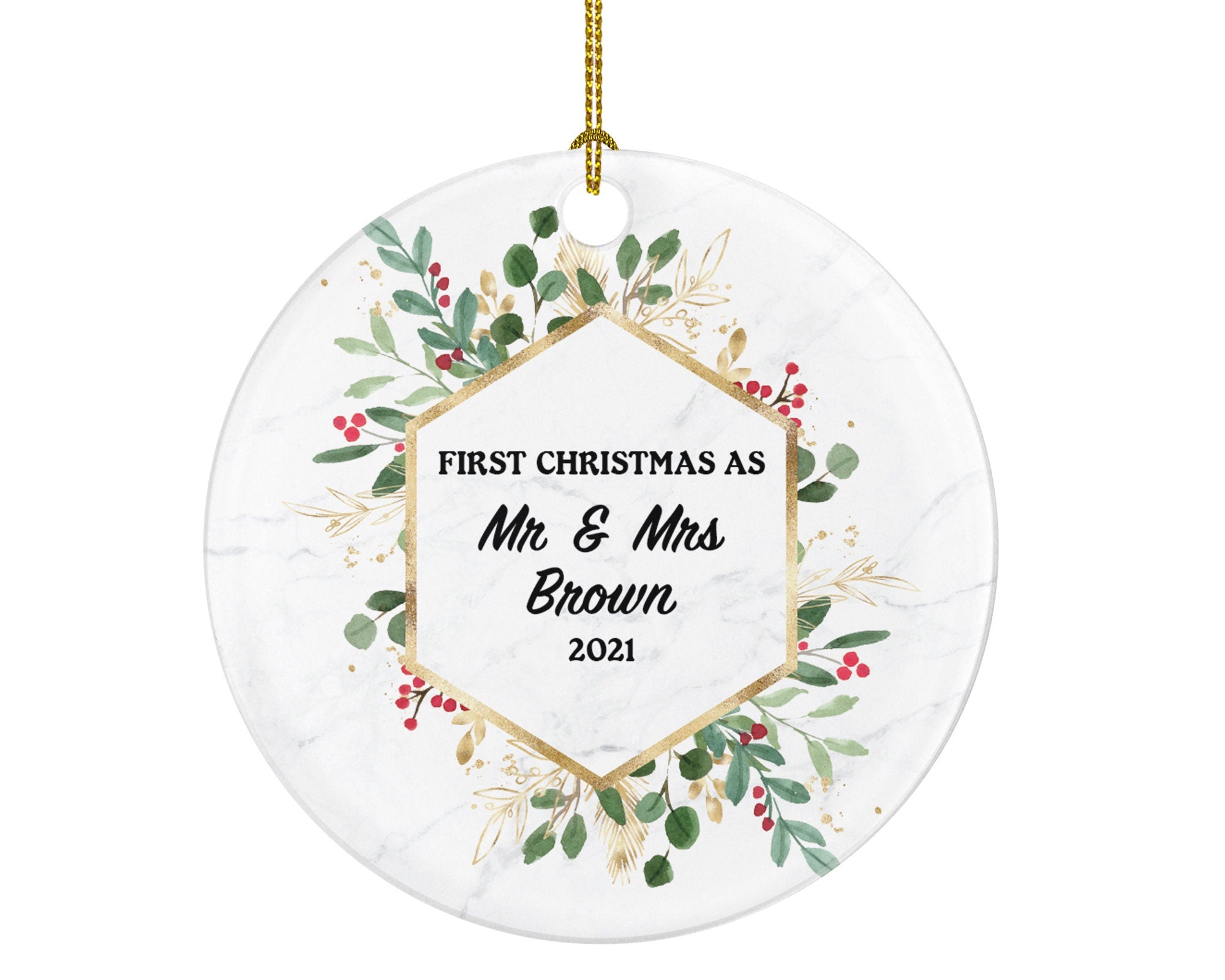 First Christmas as Mr & Mrs Married Couple Christmas Ornament Personalized - Newlywed Christmas First Custom Gift - Greenery