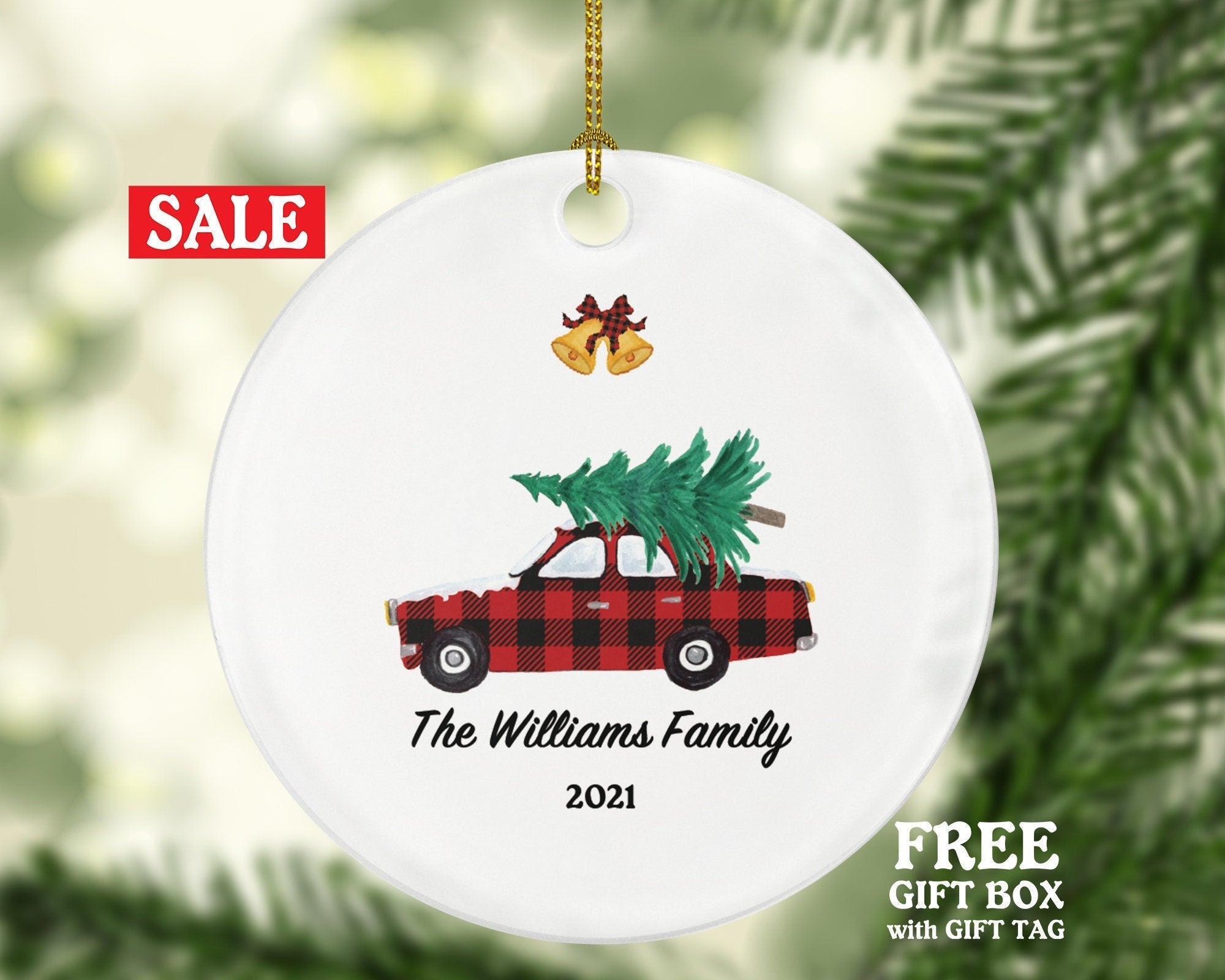 Family Car Christmas Ornament Personalized - Buffalo Plaid Black and Red Car Gift Custom Ornament Road Trip - Farmhouse Decor
