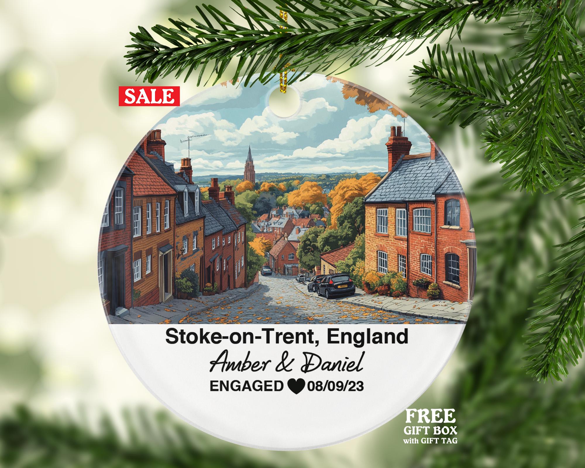 Stoke-on-Trent England Round Ceramic Christmas Ornament – Personalized United Kingdom Keepsake, Custom Couple Gift for Wedding or Honeymoon
