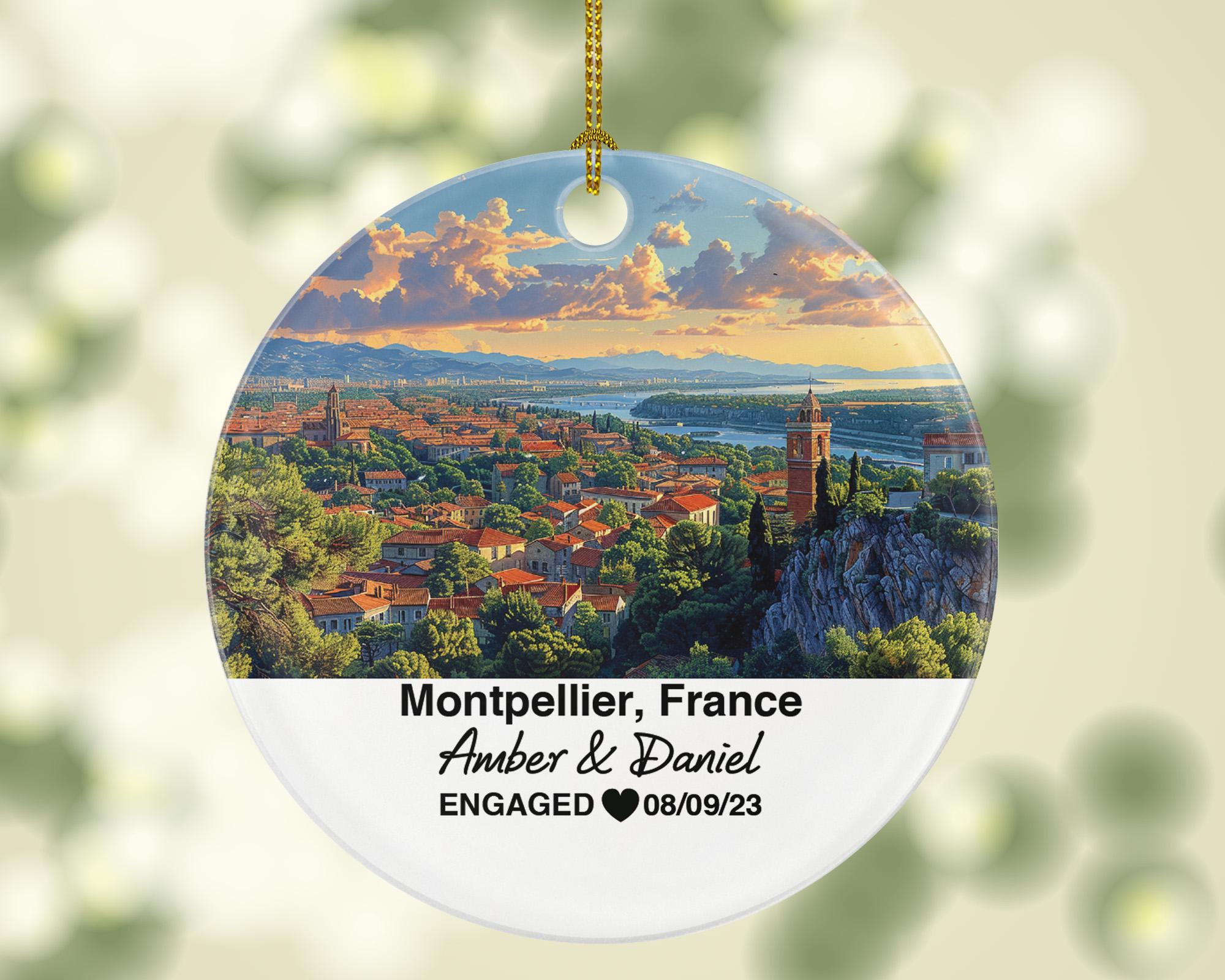 Personalized Montpellier France Christmas Ornament, Arc de Triomphe, Mr & Mrs Wedding, Engagement, or Honeymoon Keepsake for Couples