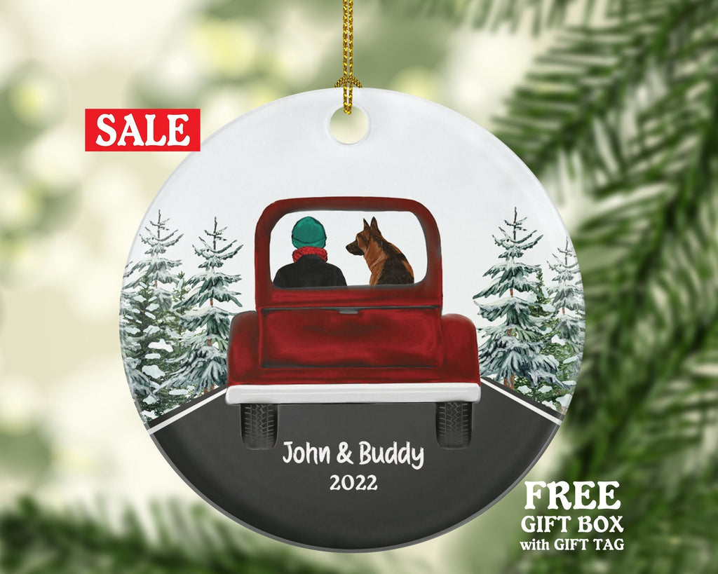 Driver Male and Dog in a Truck Personalized Christmas Ornament New Fur Dad Driver Red Car Custom Pet Lover Owner Gift Holiday Rescue