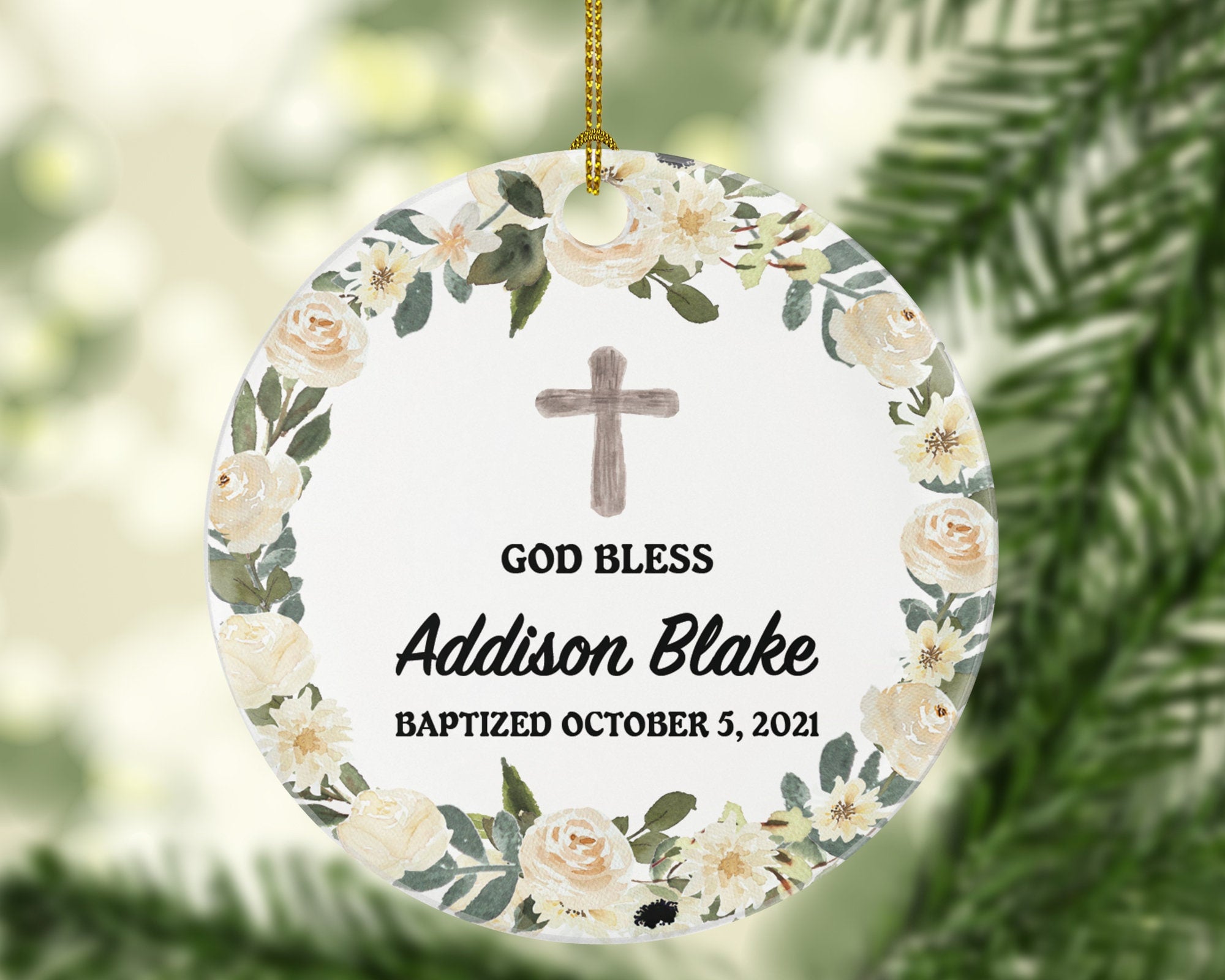 Baptism Ornament God Bless Baby Personalized Gift for Baptize Rustic Baptism Custom Christmas - White Flowers Greenery
