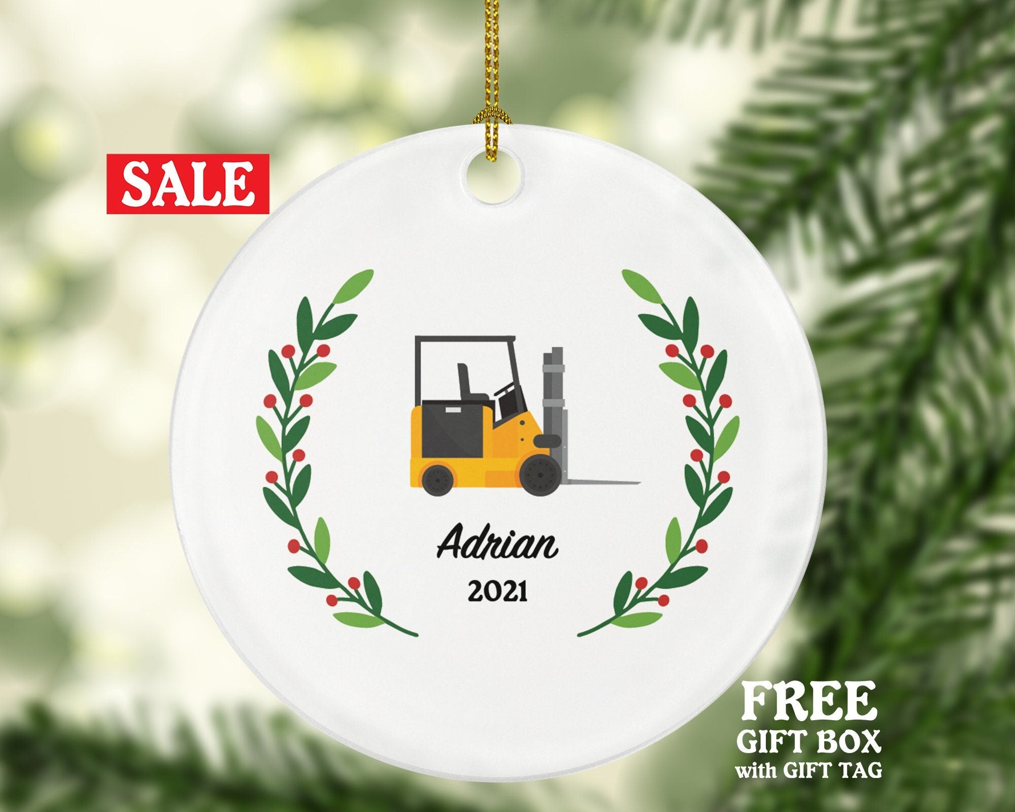 Heavy Duty Worker Forklift Operator Christmas Ornament Personalized - Fork Truck Vehicle Gift for a Warehouse Employee Employer Custom Name