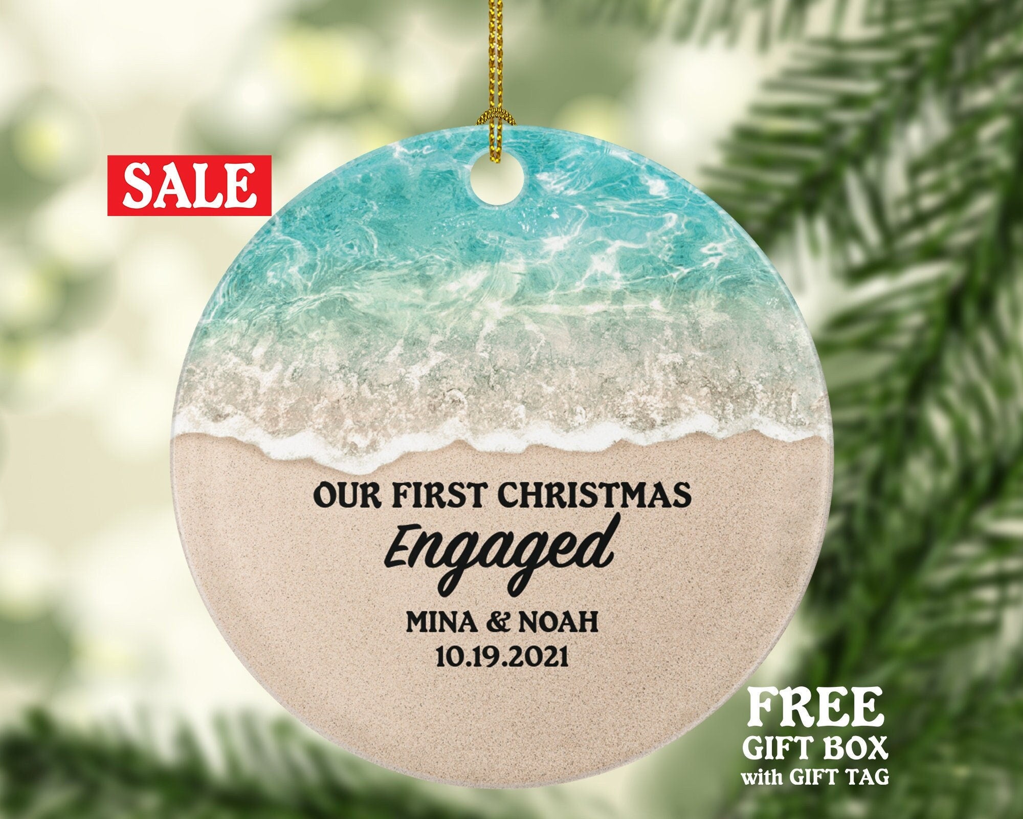 Engaged Christmas Ornament - Custom Engagement - Personalized First Christmas Engaged - Just Engaged Beach Sand Sea