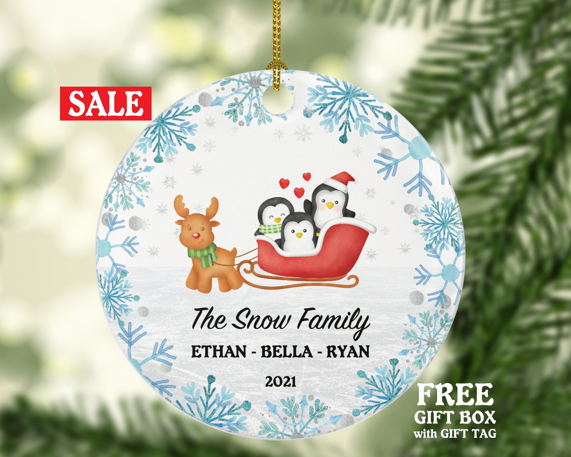 Family of 3 Christmas Ornament Personalized - Parents Mother Father Child Girl Boy Mom Dad Gift - Penguin Arctic Family in The Sleigh on Ice