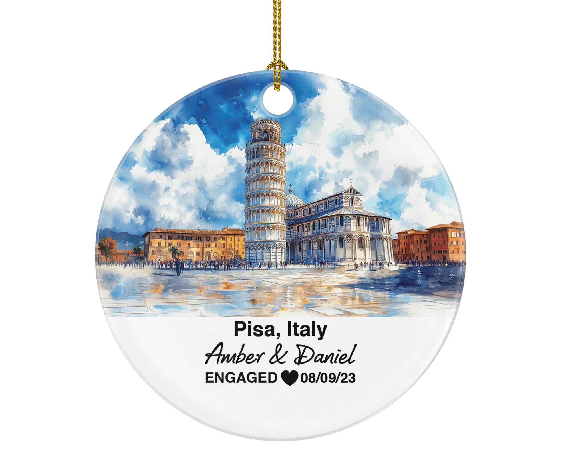 Custom Italy Pisa Ornament, Piazza dei Miracoli, Arno River, Personalized Couple Gift, Celebrate Wedding, Engagement, Honeymoon