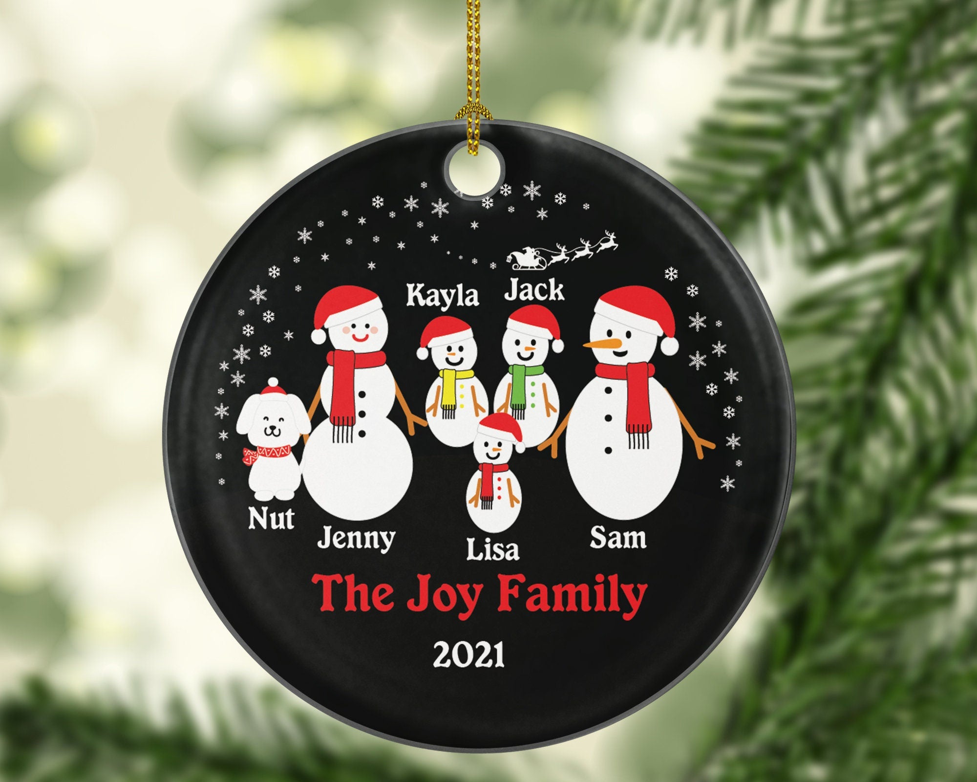 Family of 5 Personalized Christmas Tree Ornament with Dog Pet Fur Family Owner Lover, Family of 5 Five Snowmen Snowman Big Name Year Present