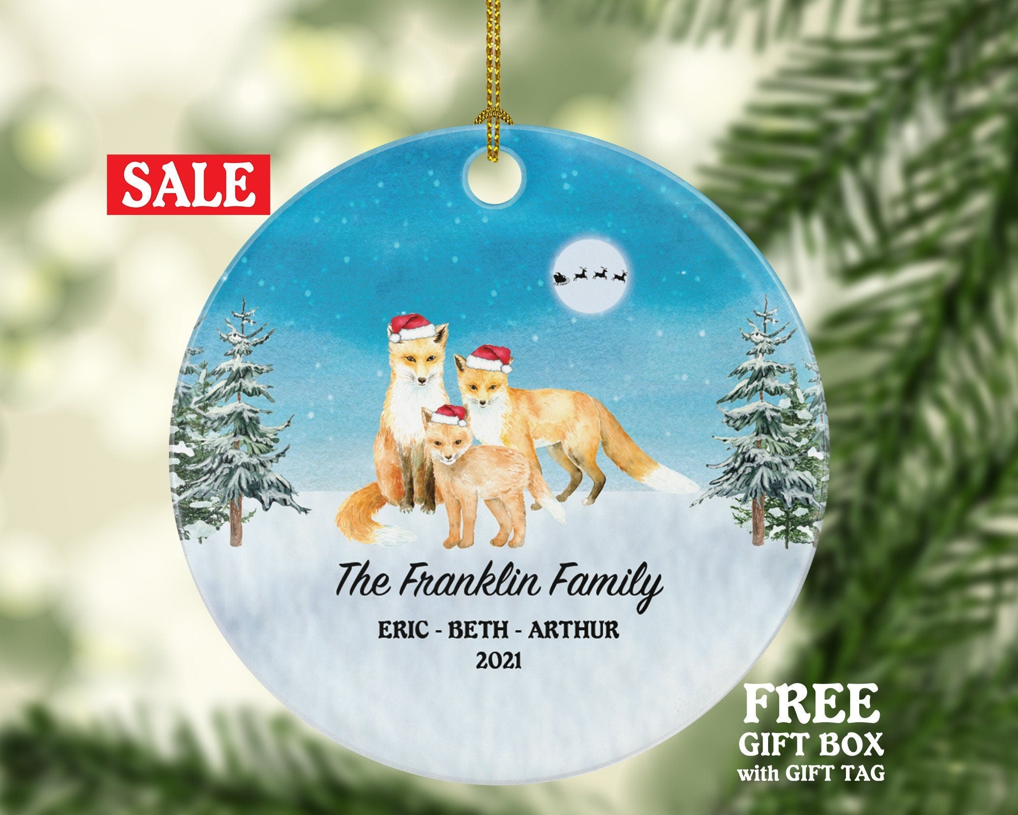 Personalized Family of 3 Christmas Ornaments Fox Foxes Family Custom Names Watercolor Family of Three First Ornament Gift for with Kids Xmas