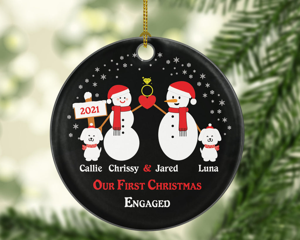 Personalized Engaged Ornament with 2 Dogs Pet Fur Family Dad Mom Owner Lover Engagement Ring Snowmen She Said Yes Couple Our First Christmas