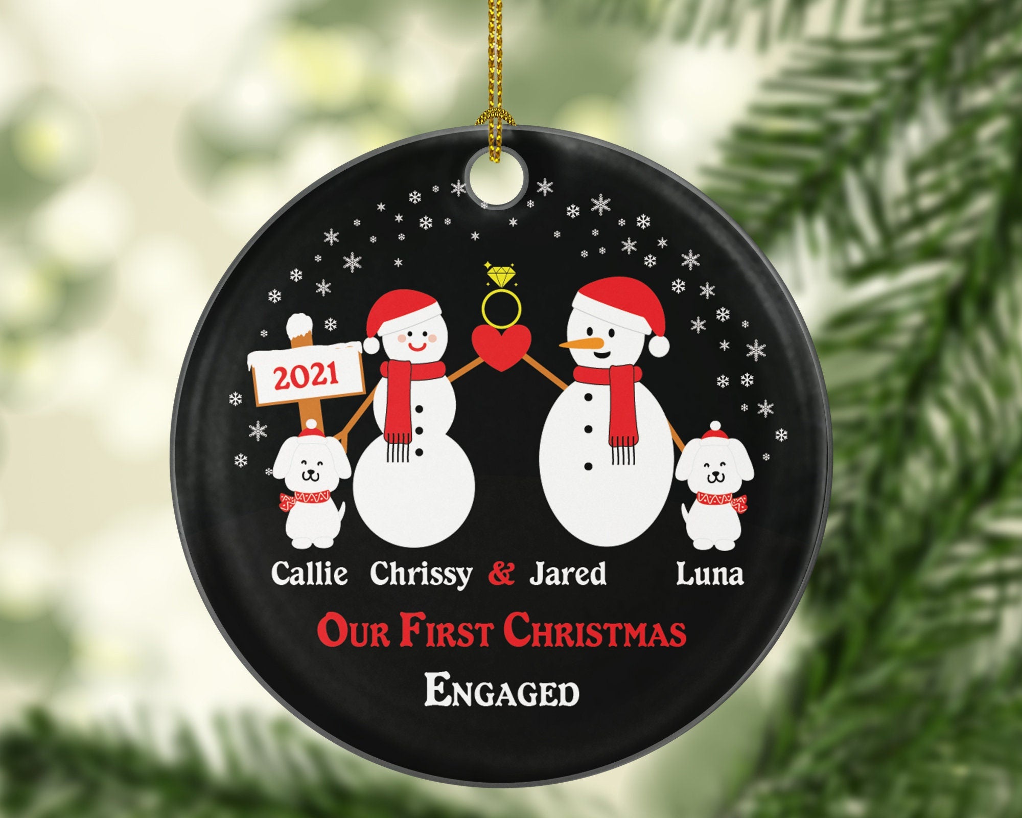 Personalized Engaged Ornament with 2 Dogs Pet Fur Family Dad Mom Owner Lover Engagement Ring Snowmen She Said Yes Couple Our First Christmas