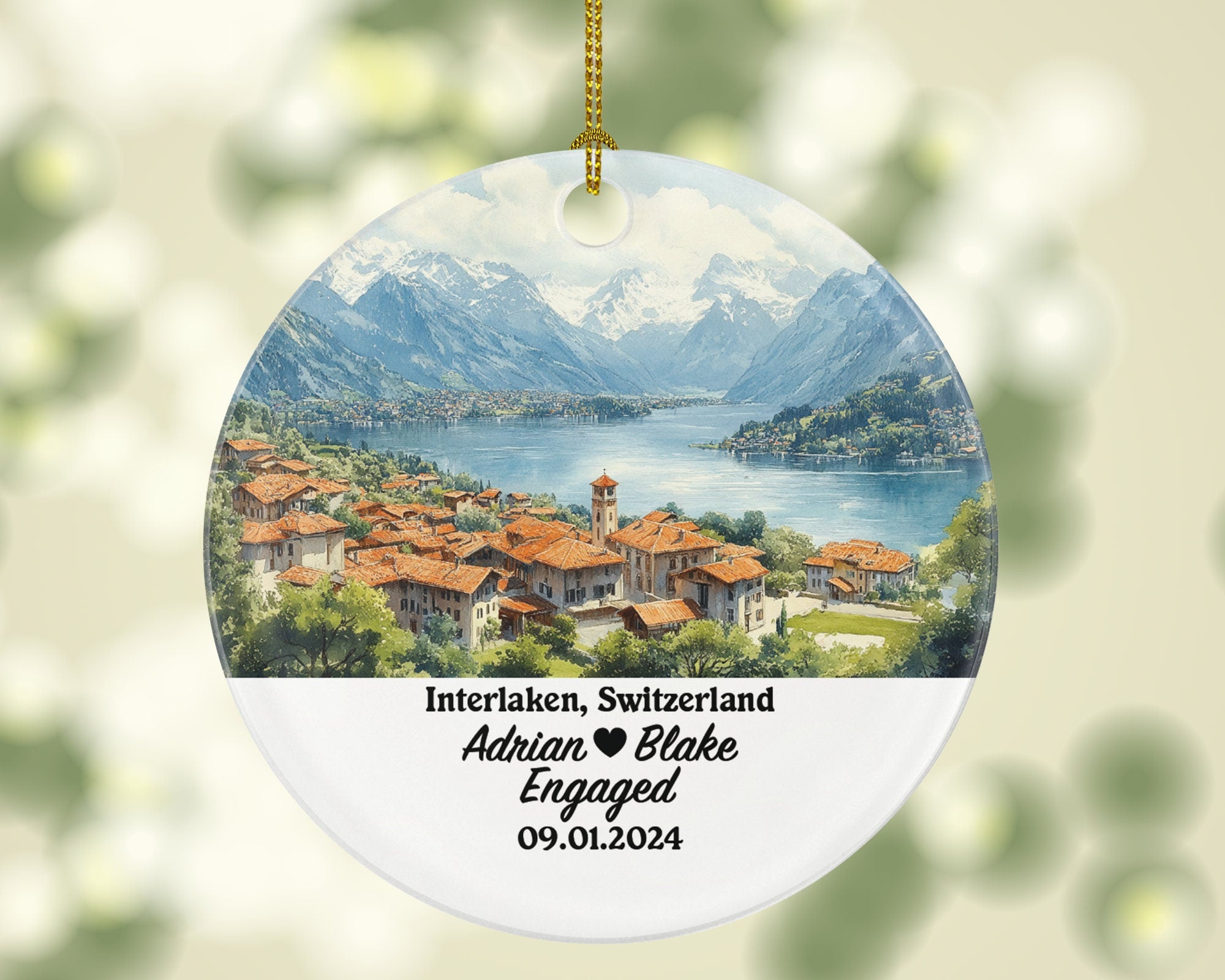 Interlaken Christmas Ornament Personalized - Switzerland Engaged Married Family Together Couple Travel Honeymoon Engagement Marriage